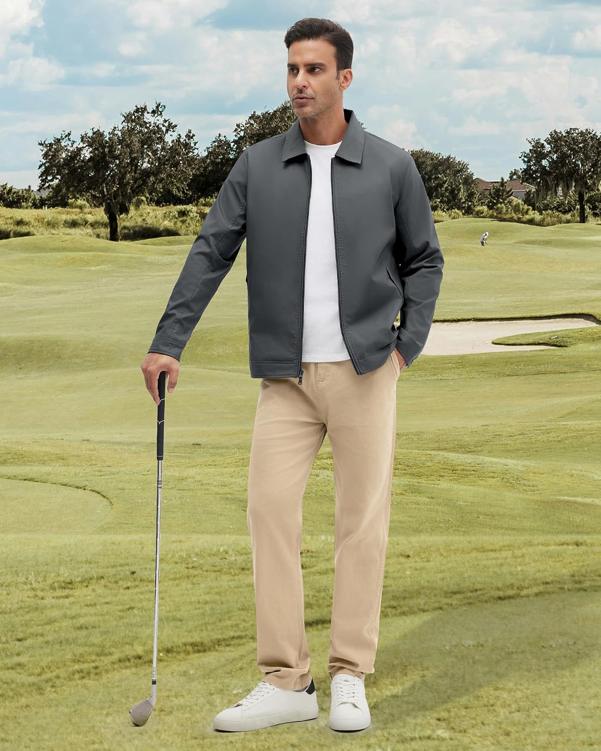 WHN Men's Lightweight Windbreaker Jackets Casual Coat Zip Up Laydown Collar Fall Spring Golf Work Dress Business Dark Grey L