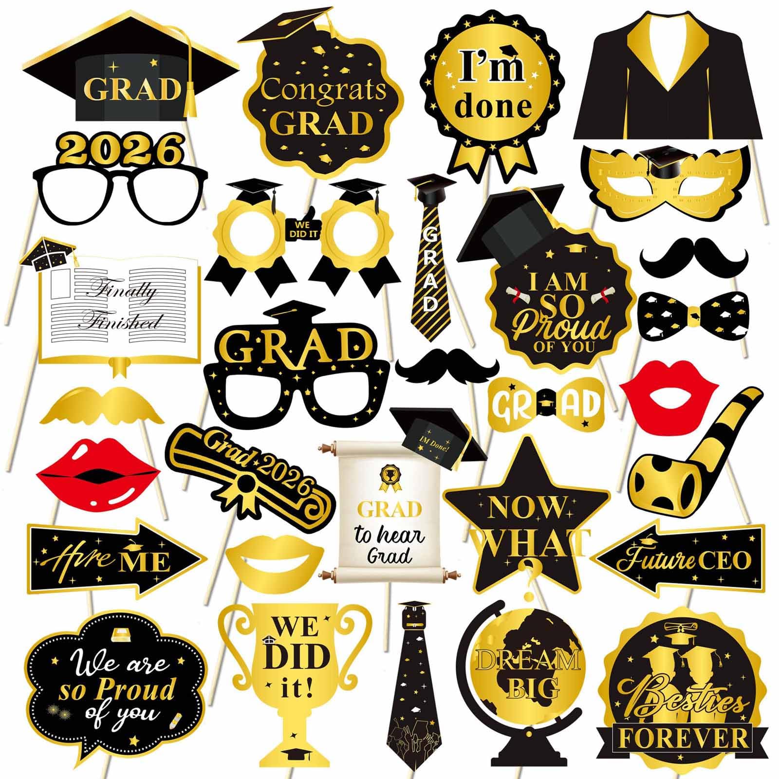 WEIKA Black and Gold Graduation Photo Booth Props 2026 - Pack of 30, Graduation Photo Props for Grad Party Decor, Graduation Props for Black