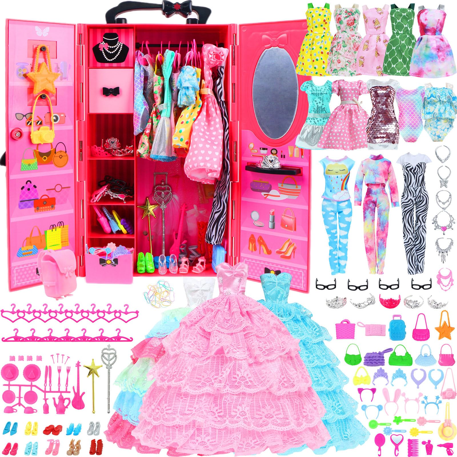 127 Pcs Doll Wardrobe with Clothes and Accessories, Closet Set for 11.5 Inch Girl Doll Storage Wedding Gown Fashion Dresses Skirts Tops Pants Outfits Bikini Swimsuits Hangers Shoes Other Stuff