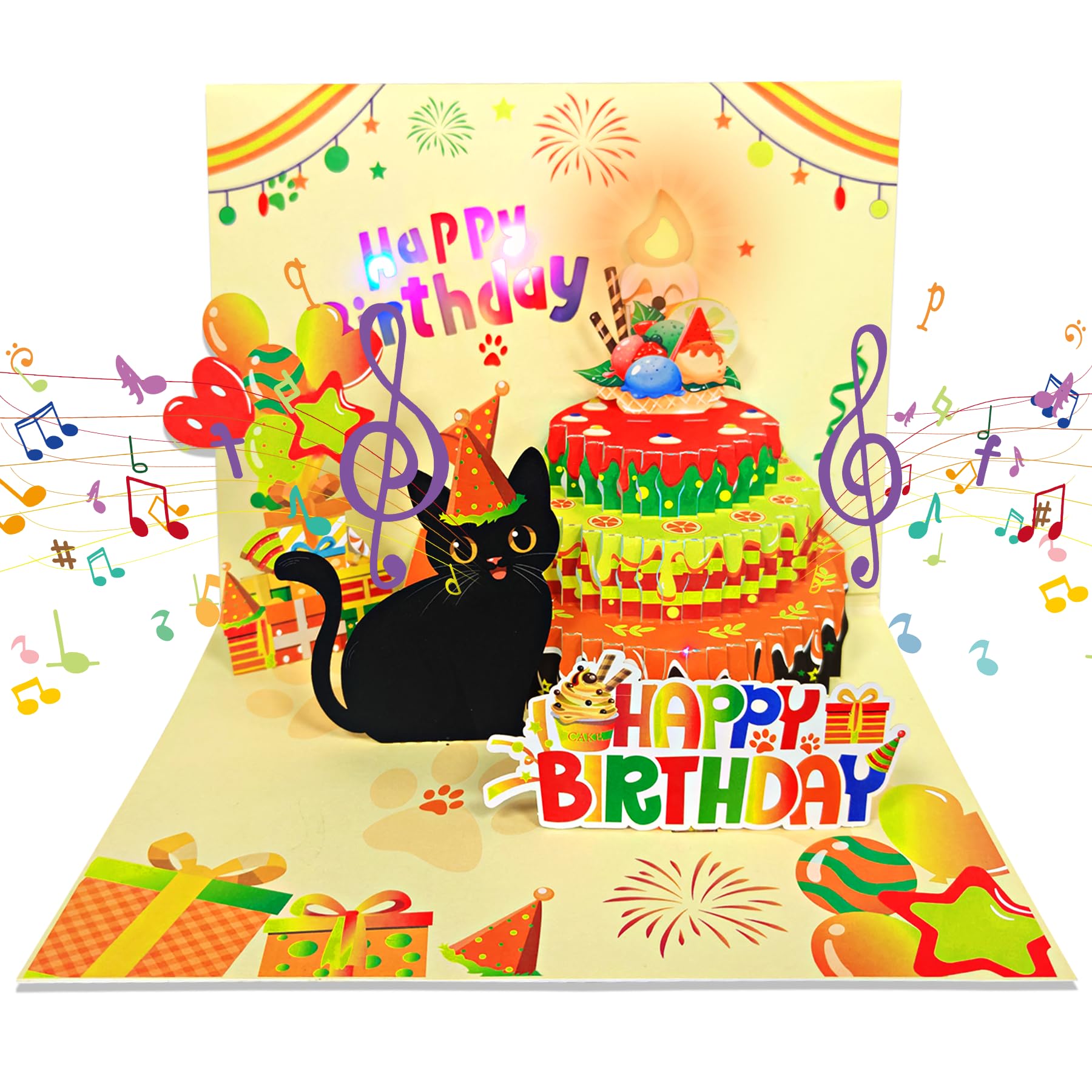 Vresqi Birthday Cards Cute Cat MEOW BLOWABLE CANDLE & MUSIC & LIGHTS Funny Pop up Happy Birthday Card, for Women Men Cat Lover Mom or Dad, with