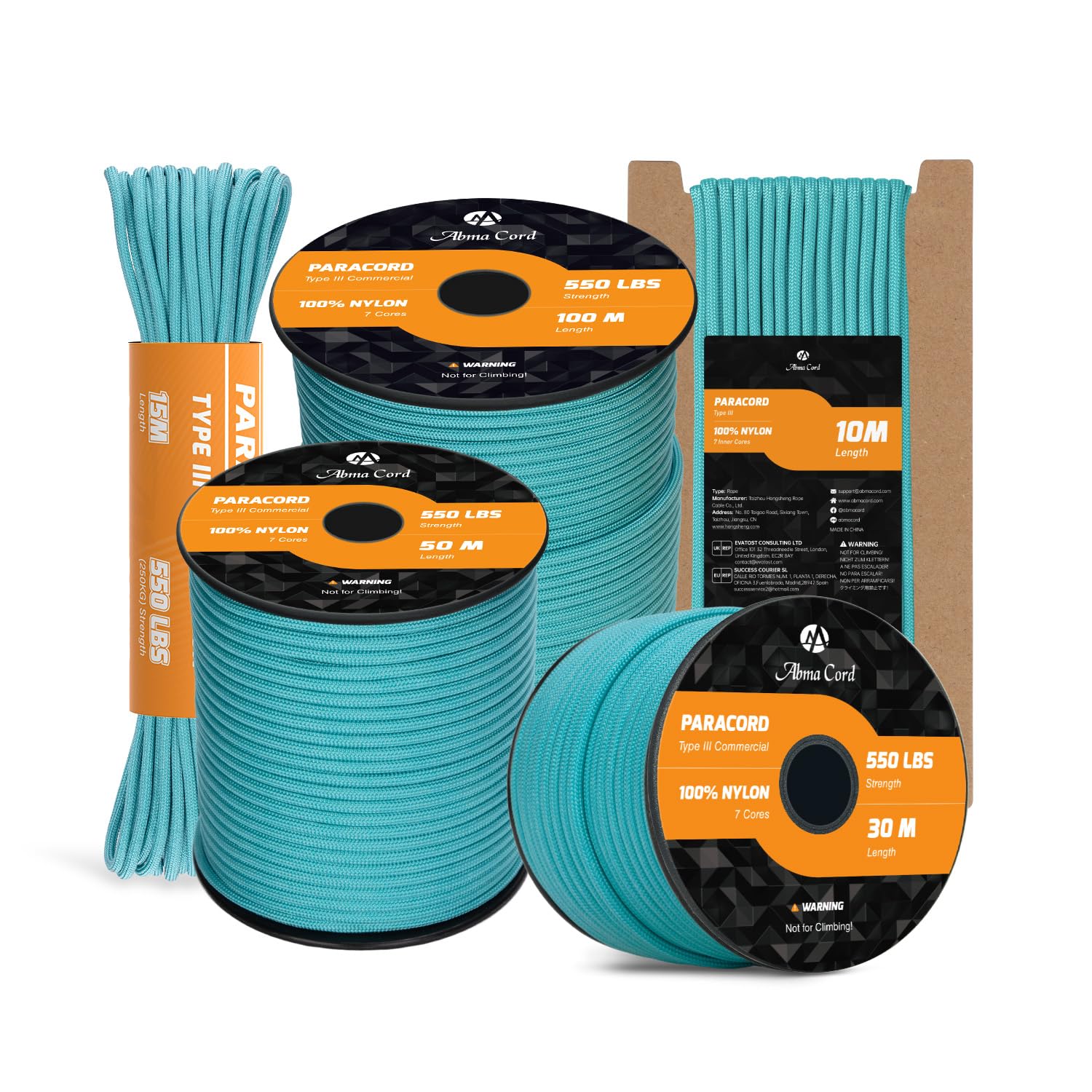 Abma Cord Paracord 550 4mm 10m 100% Nylon Rope Type III 7 Strands Parachute Cord for DIY, Camping, Survival, Outdoor - Max. 250kg - Turquoise