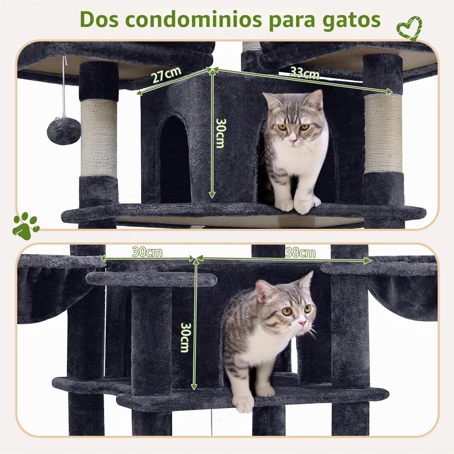 Globlazer Árbol para Gatos 174 cm con 3 Perchas Acolchadas, 2 Nidos, 2 Cesta, Cama Mascotas Extraíble, Postes de Sisal, Estable Castillo Rascador para 2-4 Gatos Adultos Interior (F68B, Gris Oscuro)
