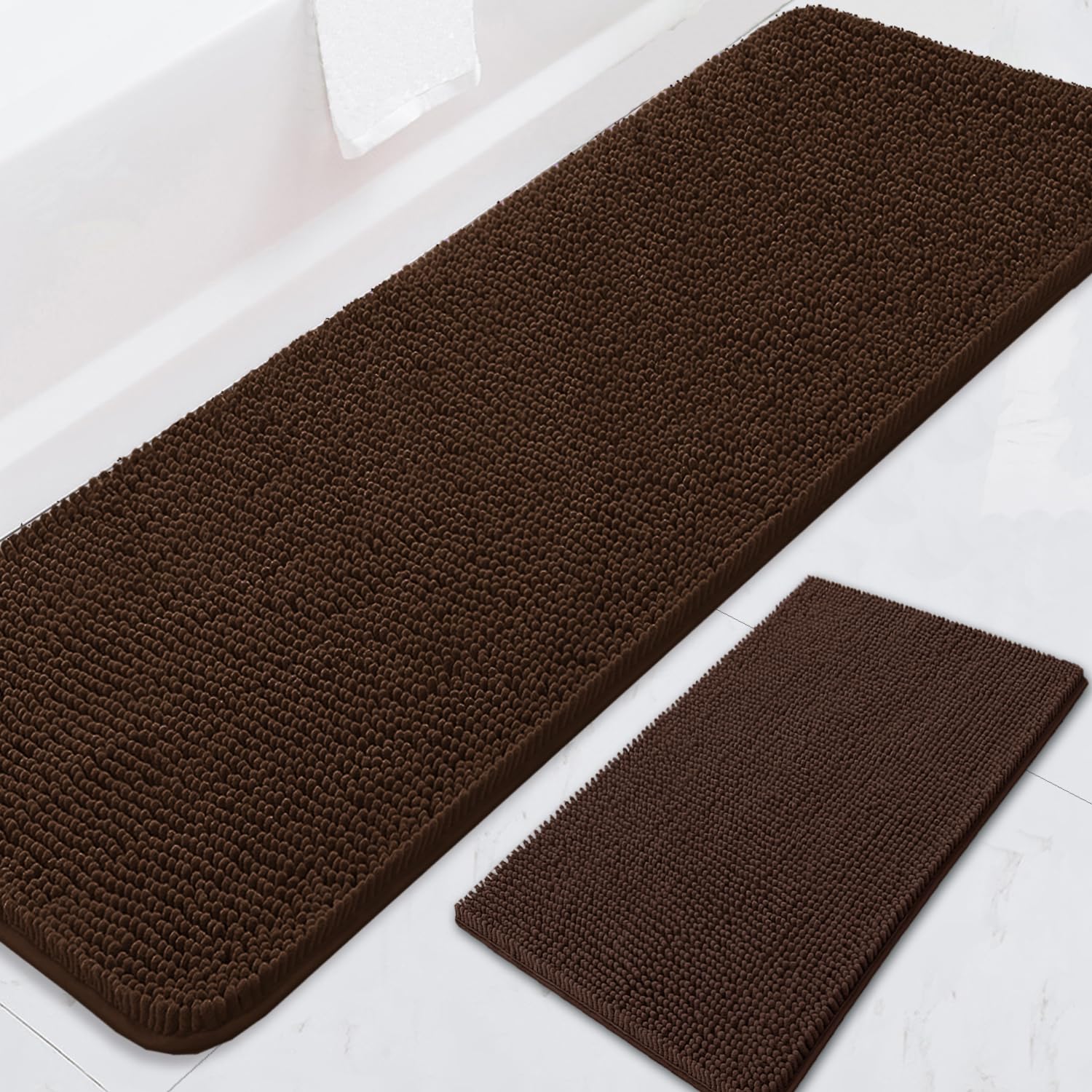 BOANKODU Bathroom RugsSets 2 Piece，59X24+16X24Inch，Absorbent Non-Slip Very Soft Chenille Mat,Machine Washable （Coffee）