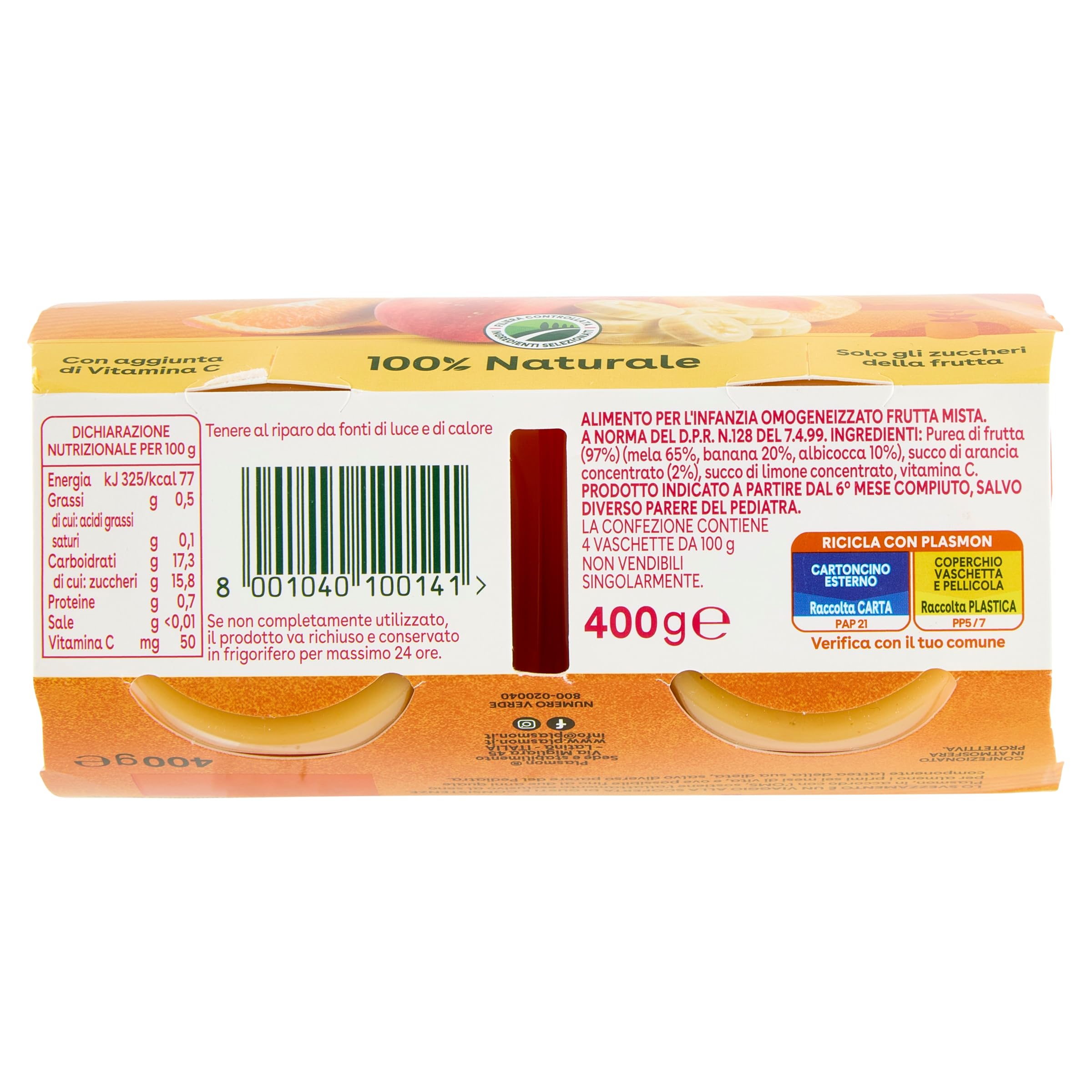 Plasmon Frutta dei Bambini - Frutta Mista 4x100g (6 Confezioni)