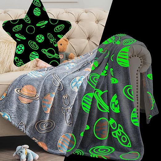 CJ&J Home Glow in The Dark Space Blanket & Hoodie with Detachable Hood - Kids Soft Fleece Wearable Galaxy Throw Blanket with Buttons, Grey Outer Space Theme 50x60 Birthday Gift for Boys and Girls