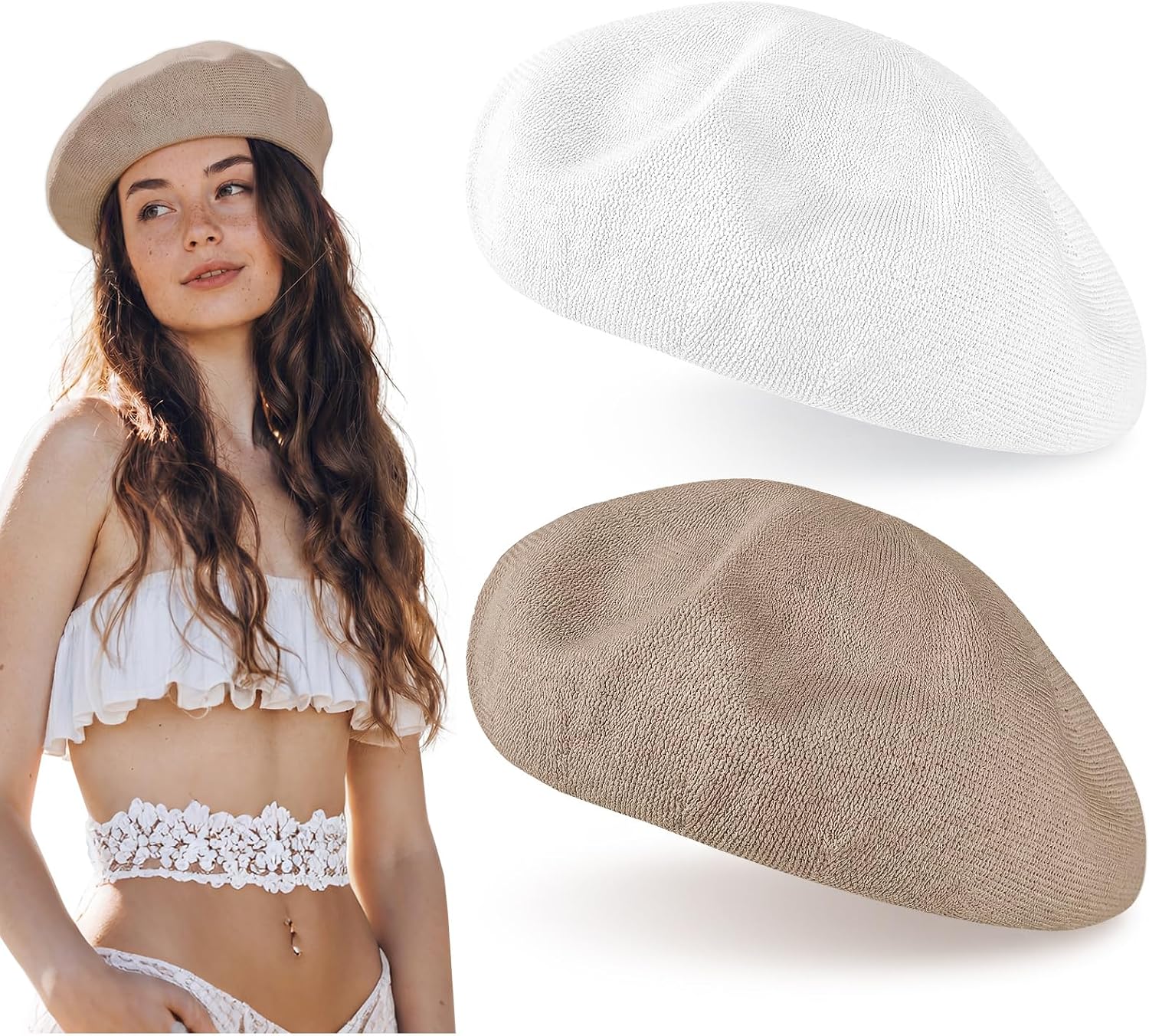 Unittype 2 Pcs Summer French Beret for Women Summer Knitted Thin Beret Hat Breathable Thin Solid Color Mesh Adjustable Octagonal Cap Beach Beanie for Women