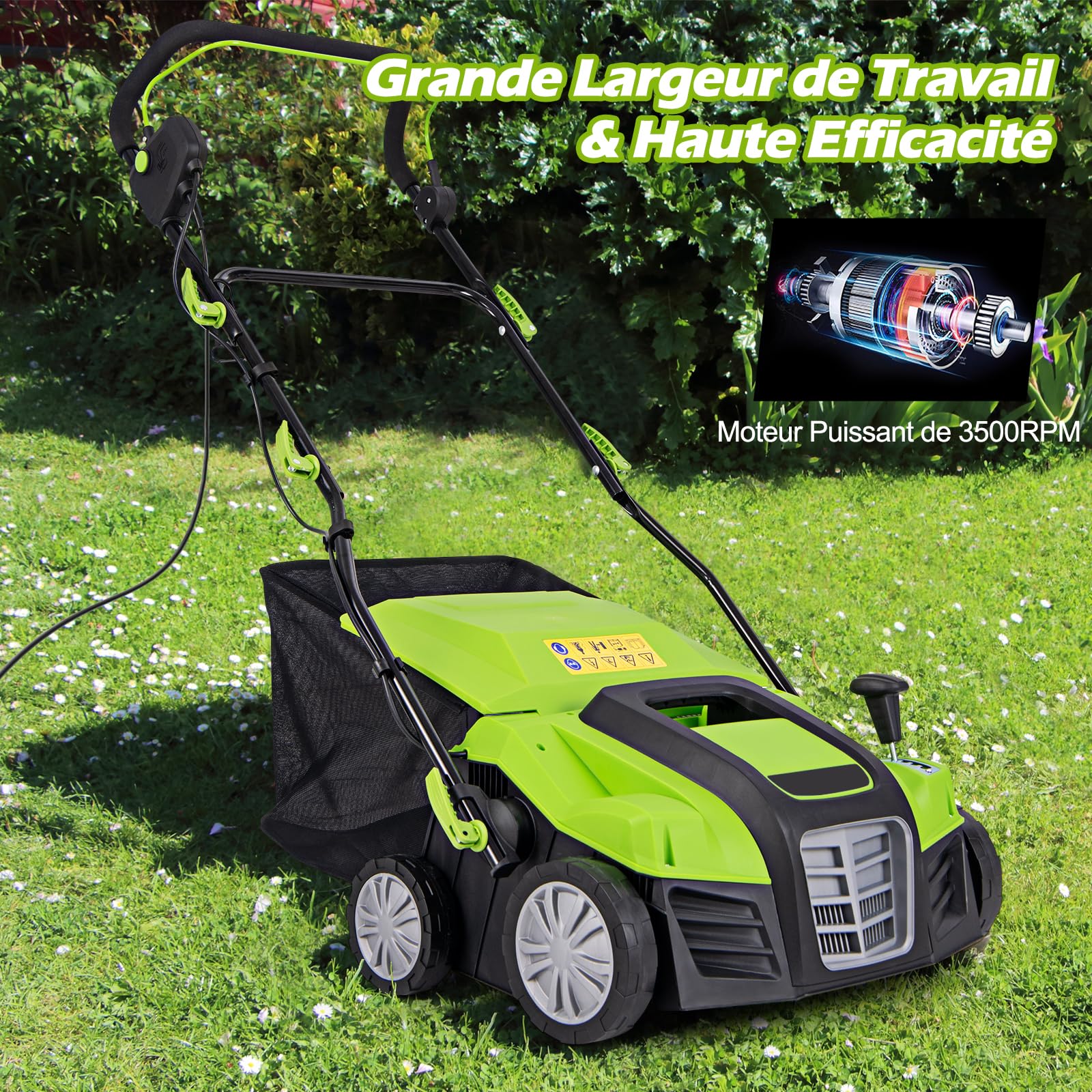 RELAX4LlFE 2-EN-1 Scarificateur Aérateur Électrique 2000W jusqu'a 400m2 avec Bac de Ramassage 55L, Profondeur&Hauteur Reglable, Verrou de securite pour Gazon Sol (Vert, 55L-2000W)
