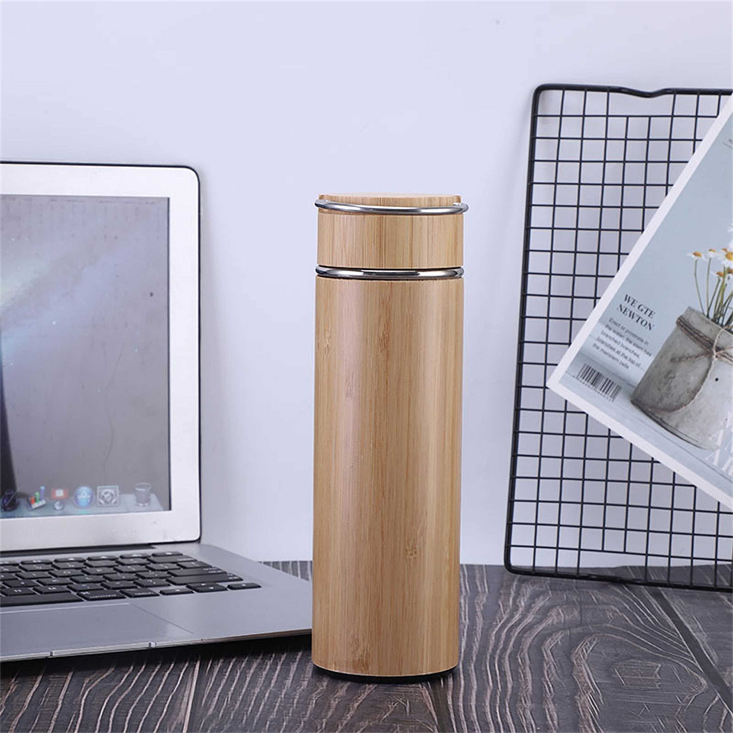 DIOSTA Custom Personalized 450ml Engraved Wooden Silica Gel Bottom Straight Cup Bamboo with Removable Lid Vacuum Insulated with Slip Proof Bottom Keeps Water Hot or Cold Travel Drinkware