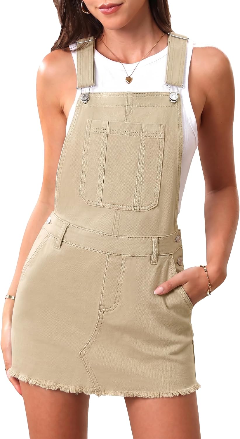 ELLEVEN Denim Overalls Mini Dress for Women, High Stretchy Adjustable Strap Jean Rompers with Pockets