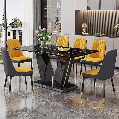 Miniatura 11 de Sillas de Comedor Modernas 6 - Juego de mesa de comedor de mármol para 6, 7 piezas, color blanco, juego de mesa de cocina de mármol de 63 pulgadas