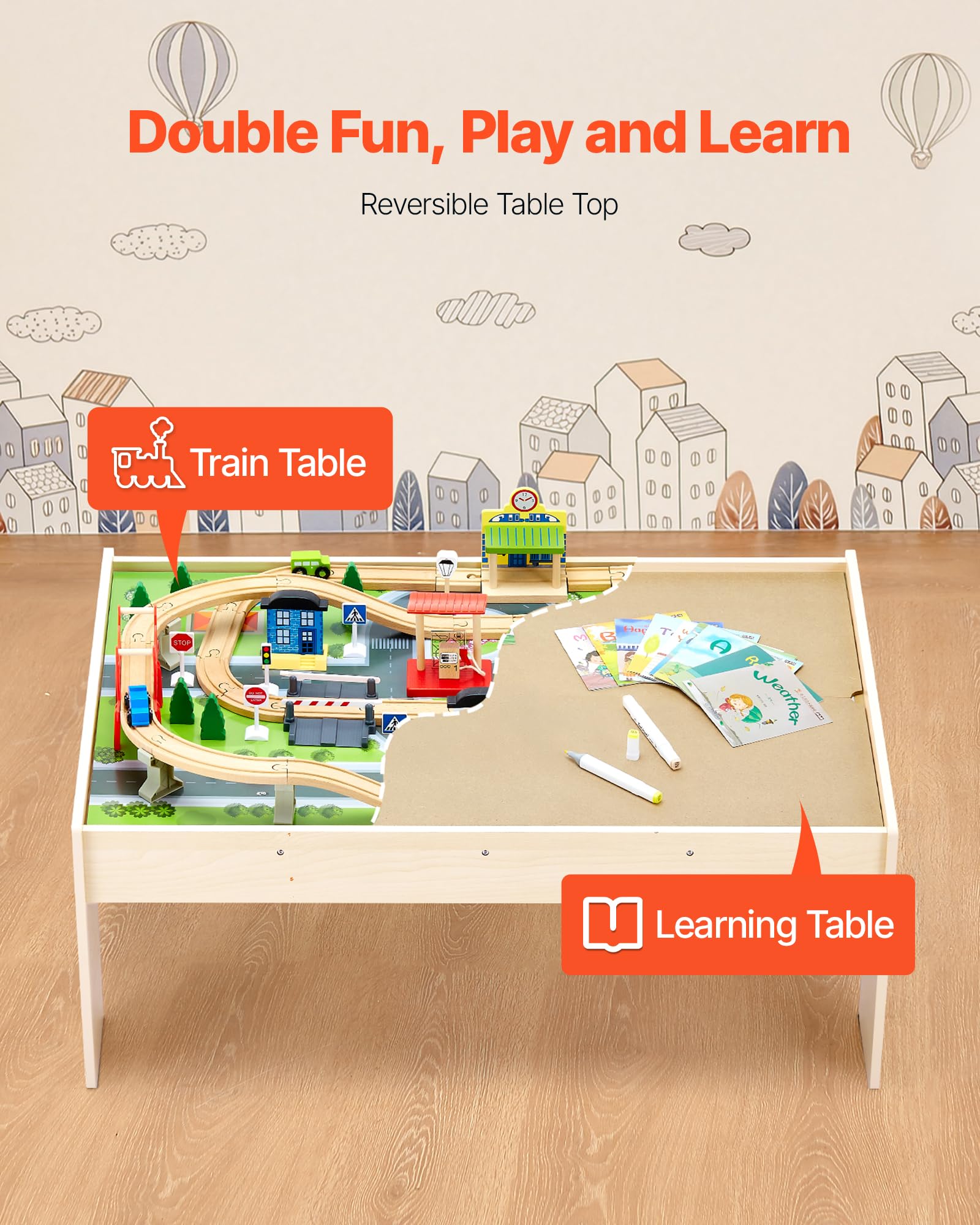 VEVOR Holz Aktivitätstisch, 84-teilig, mit zusammenklappbarem Aufbewahrungsbehälter, 3-in-1-Eisenbahnset zum Spielen, Malen, Lesen, Essen, kreatives Spielzeugset für Kinder ab 3 Jahren