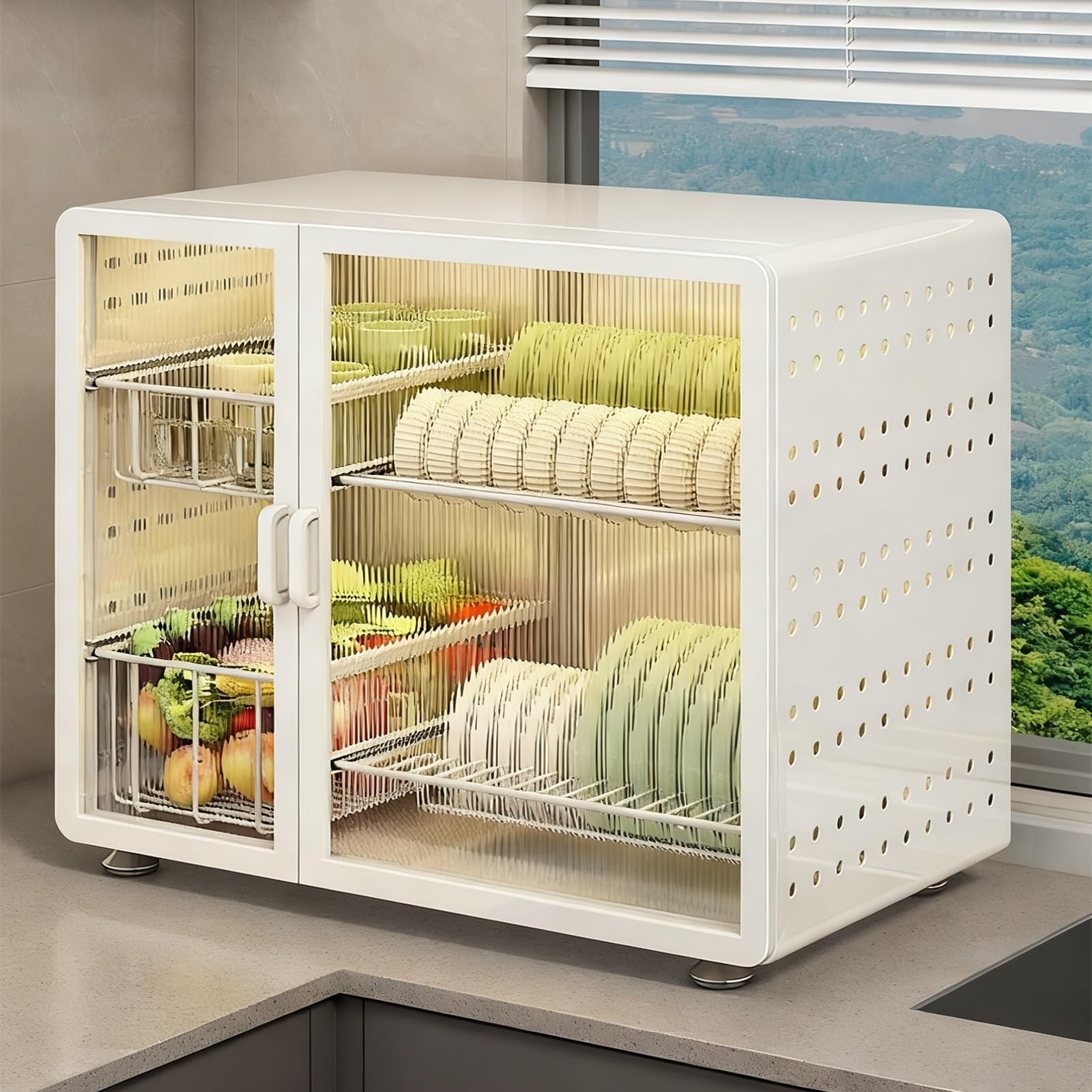 Scolapiatti a due livelli in metallo bianco con coperchio magnetico, salvaspazio, per un'asciugatura efficiente e un facile accesso, perfetto per piccoli