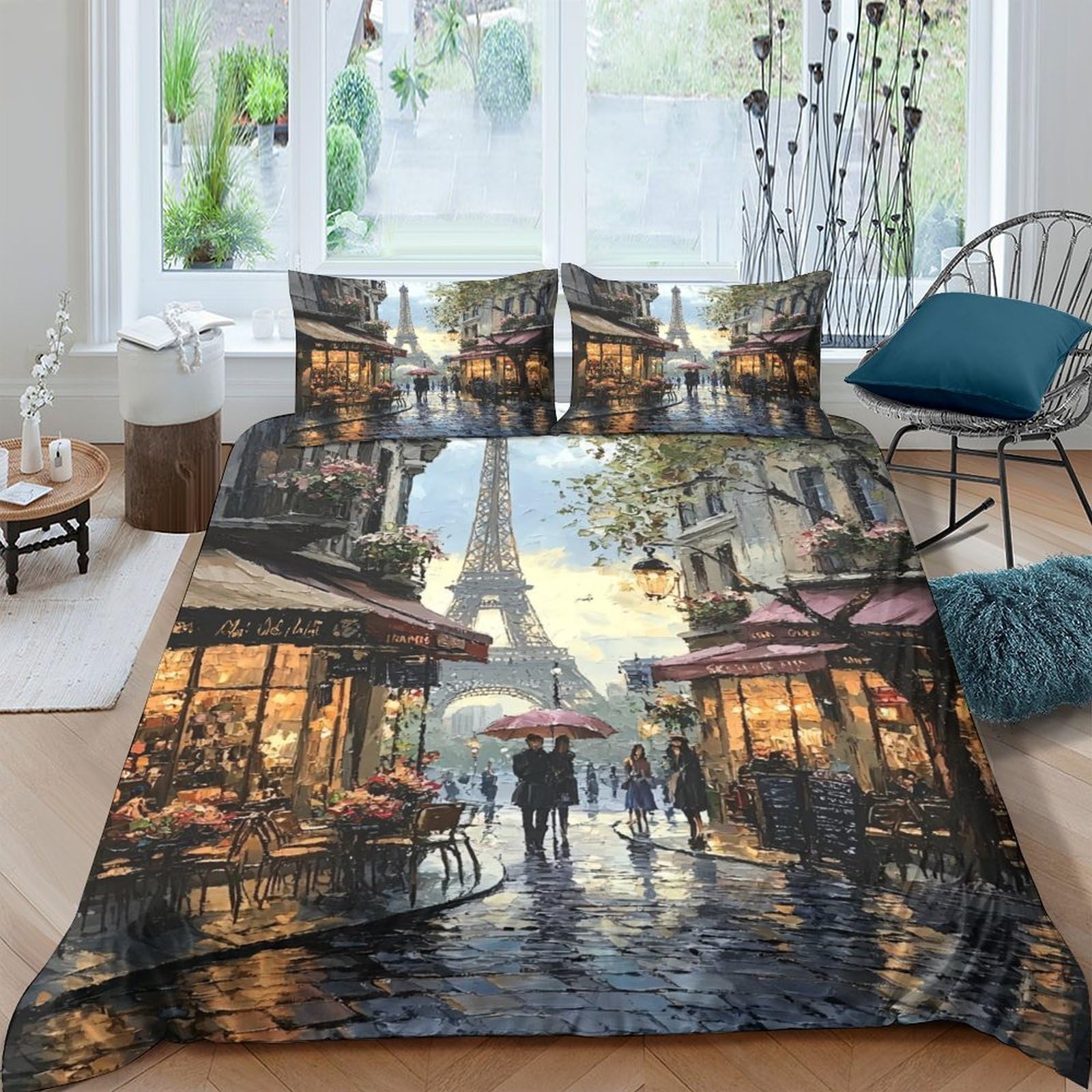 Ctjqhvkz Style-1 3D Printed Paris Street View Fitted Sheet Microfiber Art Decor Eiffel Tower Bed Cover For Bedroom Guest Room Single（135X200cm）
