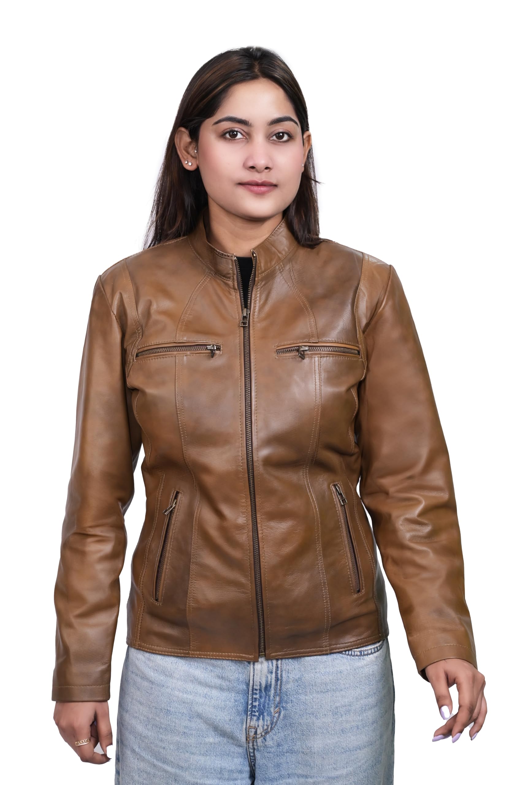 Leather Jacket For Woman, Slim Fit Biker Jacket for Women with Zip Closure and Side Pockets, Stylish Winter Wear Casual Outerwear for Women (Luxe Antique Brown)