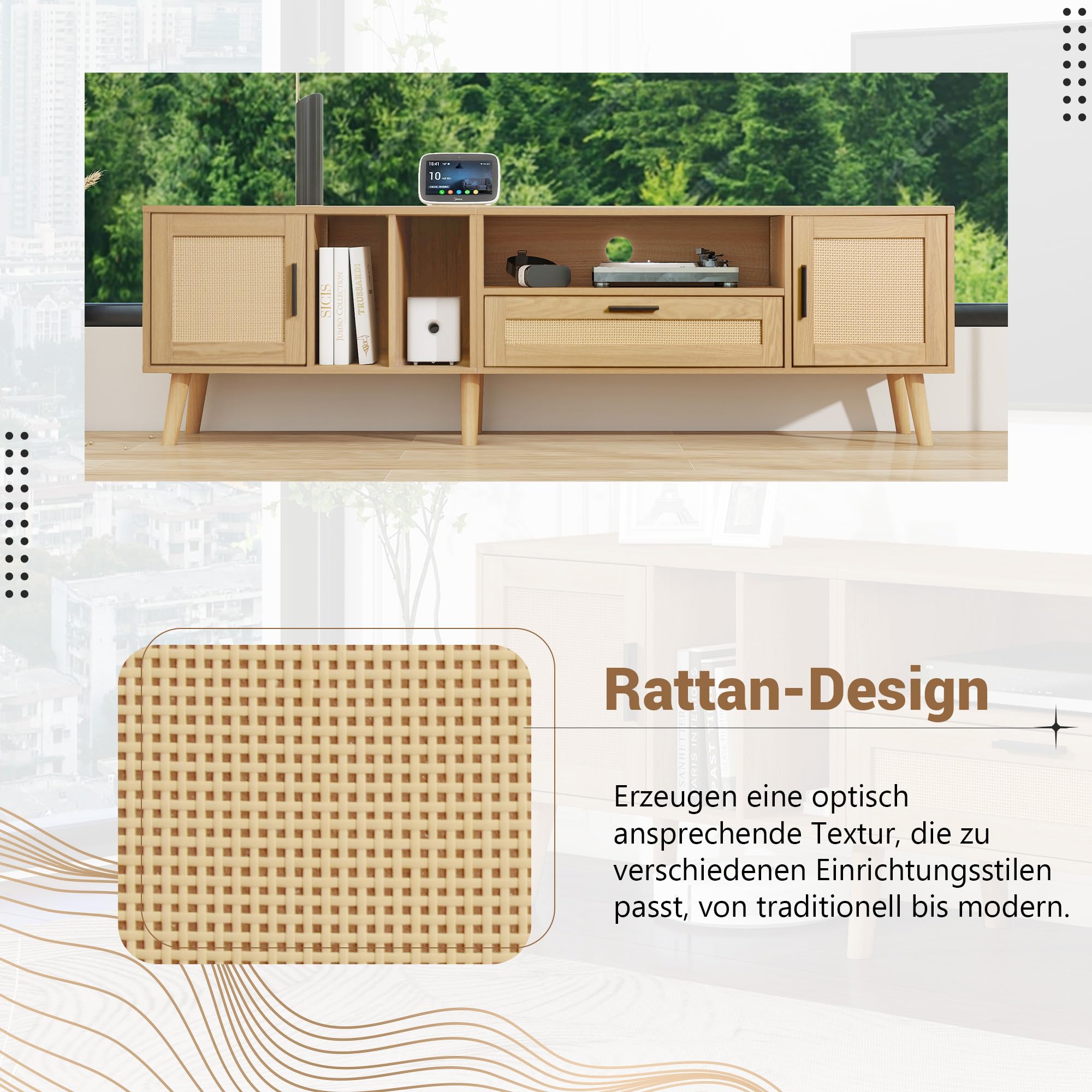 Mobile TV spazioso 180 cm con decorazione in rattan, 2 ante, un cassetto, gambe in legno massello, può ospitare TV da 80 pollici, armadietto per TV