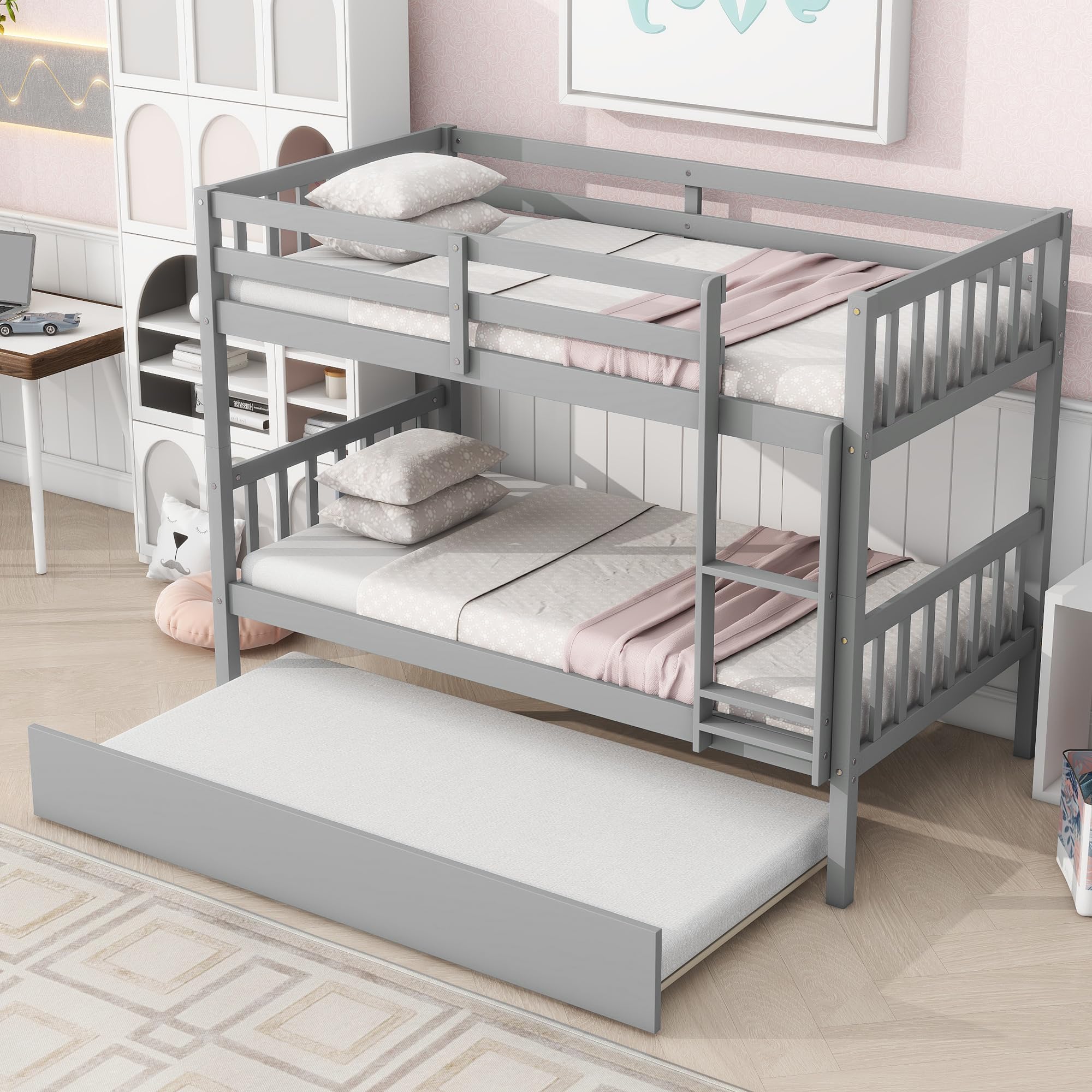 (INCOMPLETE) (box 1 of 2) Twin Over Twin Wood Bunk Bed with Trundle for Kids Boys Girls,Solid Wood Bedframe w/Ladder & Safety Guardrails, Convertible into Twin Size Beds,No Box Spring Needed, Grey