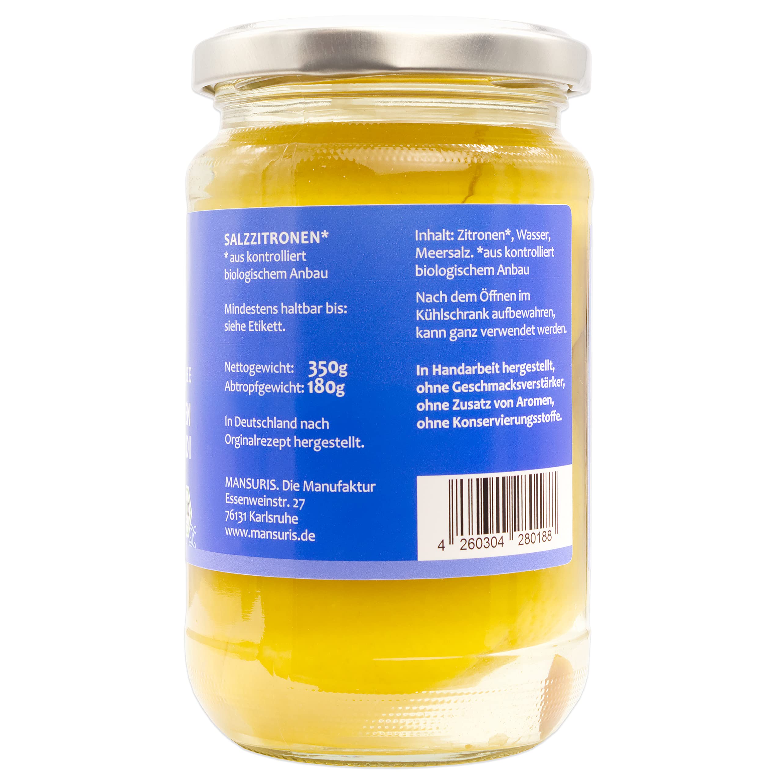 Mansuris - eingelegte Bio Zitronen in Meersalz - Citron Beldi -BIO Salzzitronen, In Salzlake eingelegte marokkanische Zitronen für Tajine Couscous, vegan, glutenfrei im 6er Set á 350 g Glas