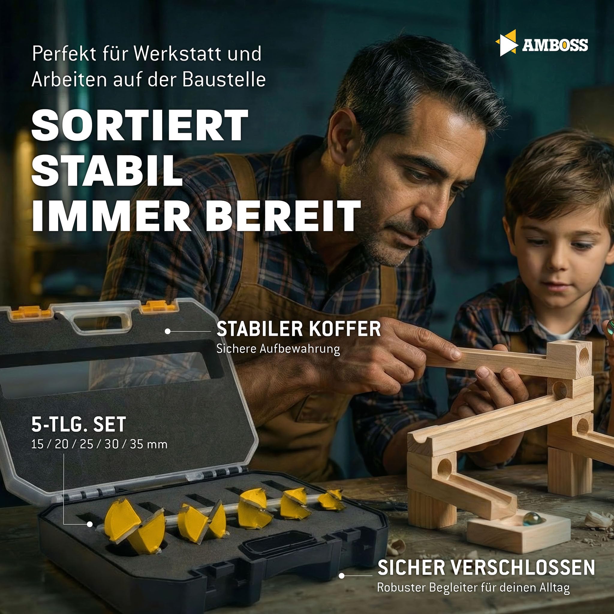 Forstnerbohrer Set (5-tlg. / Ø 15-35 mm) – Amboss Werkzeuge BOARDBLASTER Hartmetall Holzbohrer 15/20/25/30/35 mm – präzise Bohrungen Holz & Plattenwerkstoffe (Spanplatten, OSB-Platten, Multiplex)