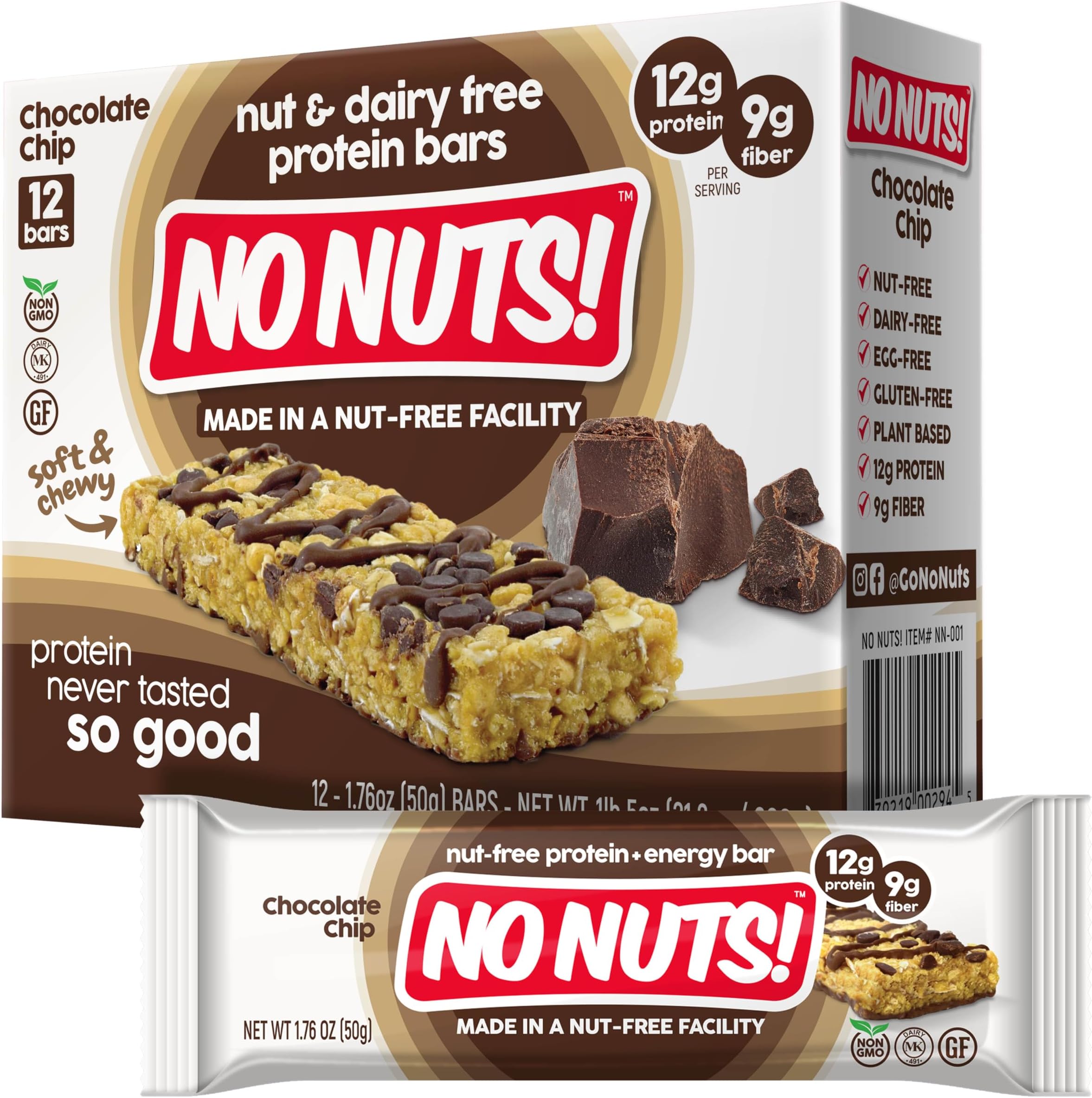 No Nuts! Chocolate Chip Protein Bars 100% Nut-Free & School-Safe | 12g Plant Protein, Vegan, Gluten-Free, Non-GMO, Organic, Kosher | 12 Count