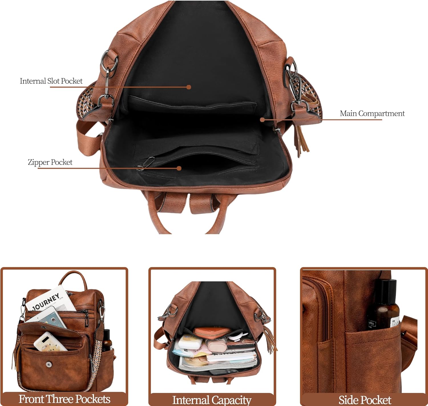 Backpack Purse for Women Fashion Designer Backpack Ladies Travel Convertible Shoulder Bags (Brown) - Image 4