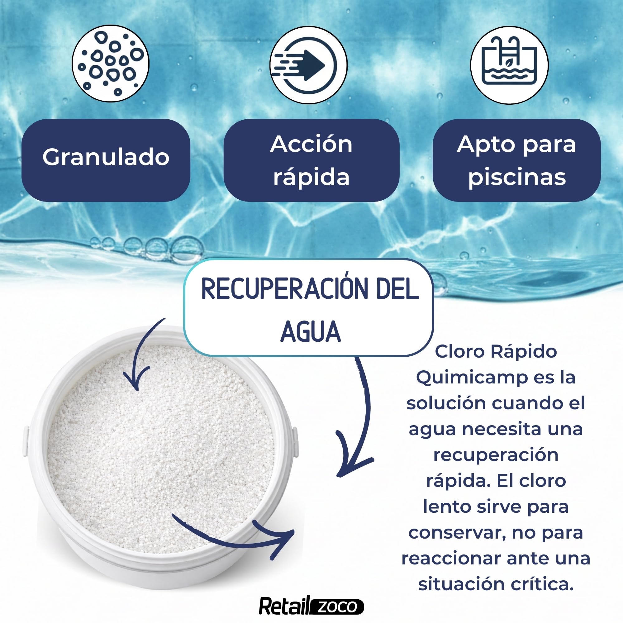 Cloro Choque Accion Rapida, Recuperador Agua Piscina deteriorada, Tratamiento Inicial de la Piscina, Fabricado en España, Forma del Producto Granular, Contiene 5 Kg — view 3