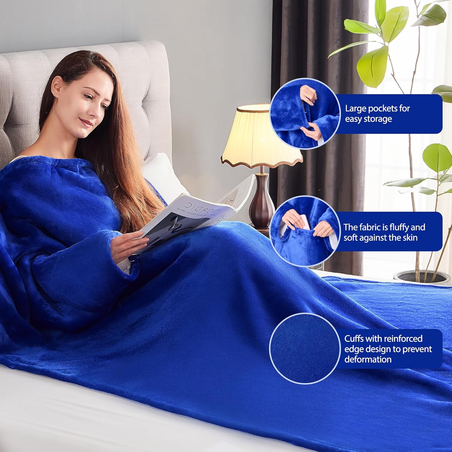 NORD ECO Wearable Blanket with Sleeves, Cozy Wearable Blanket with Arms and Pockets for Women Men, Warm TV Wrap Throw Blanket Robe as Gifts for Mom Wife, Navy Blue