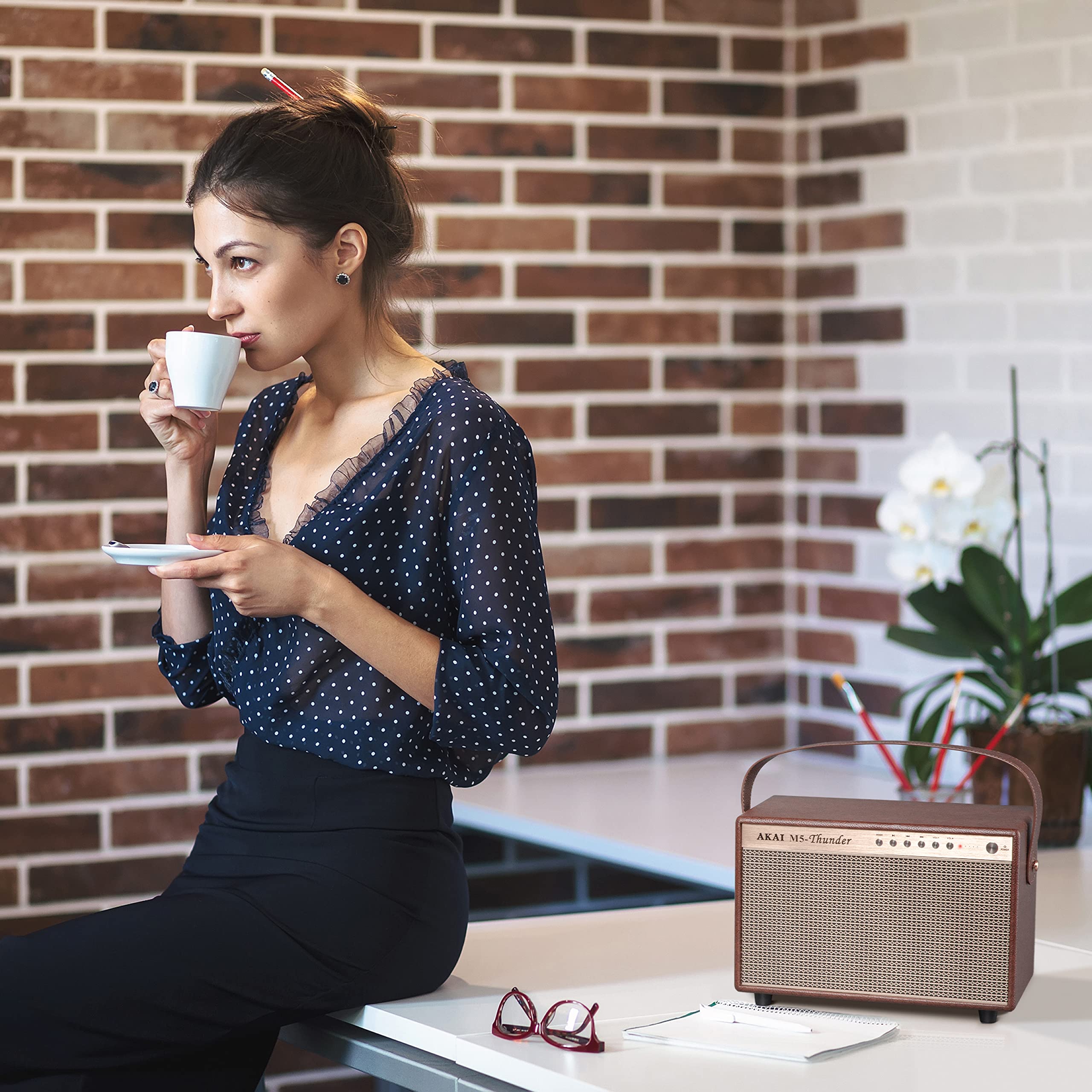 Akai Enceinte Bluetooth rétro avec poignée - Enceinte Bluetooth 5.0 Portable pour l'intérieur et l'extérieur au Look Vintage - USB - Aux-in - Marron