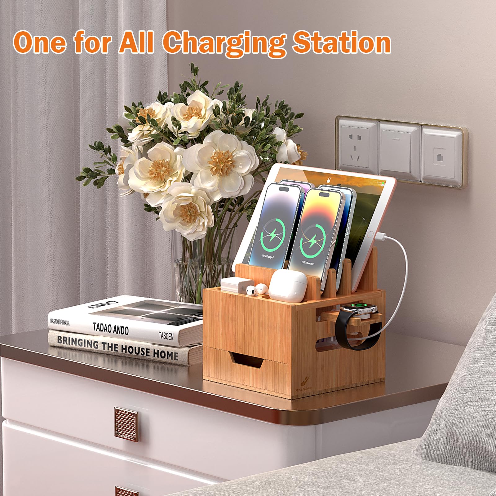 Stazione di ricarica multidispositivo, con adattatore HUB per caricabatterie, organizer per dock di grandi dimensioni con cassetto, compatibile con telefoni, tablet, auricolari (6 cavi misti inclusi)