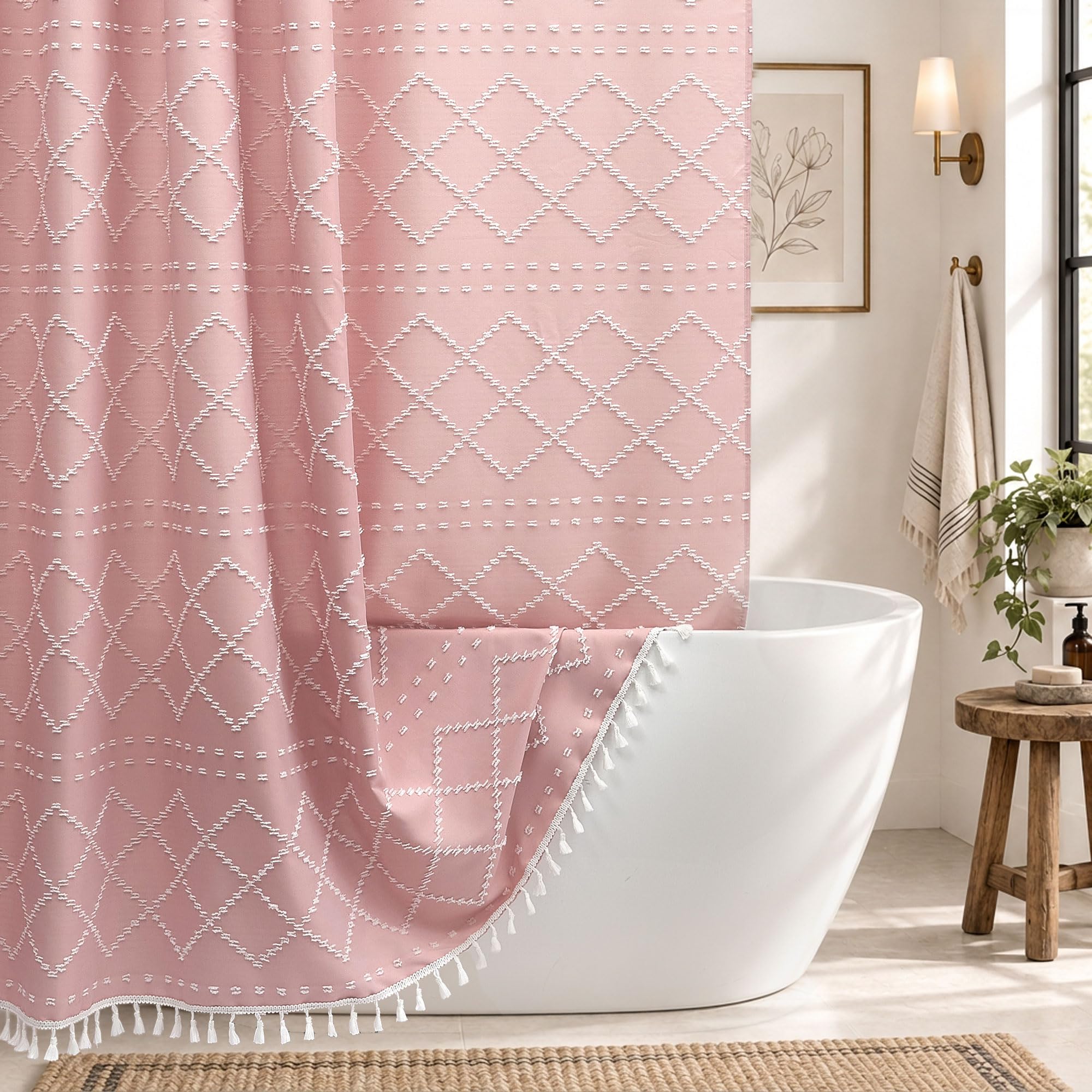 Siiluminisoy Extra Long Boho Pink Shower Curtain with Tassels 72 x 84, Tufted Chevron Striped Chenille Woven Fabric Cloth Shower Curtain Modern Farmhouse Minimalist, Shabby Chic Textured for Bathroom