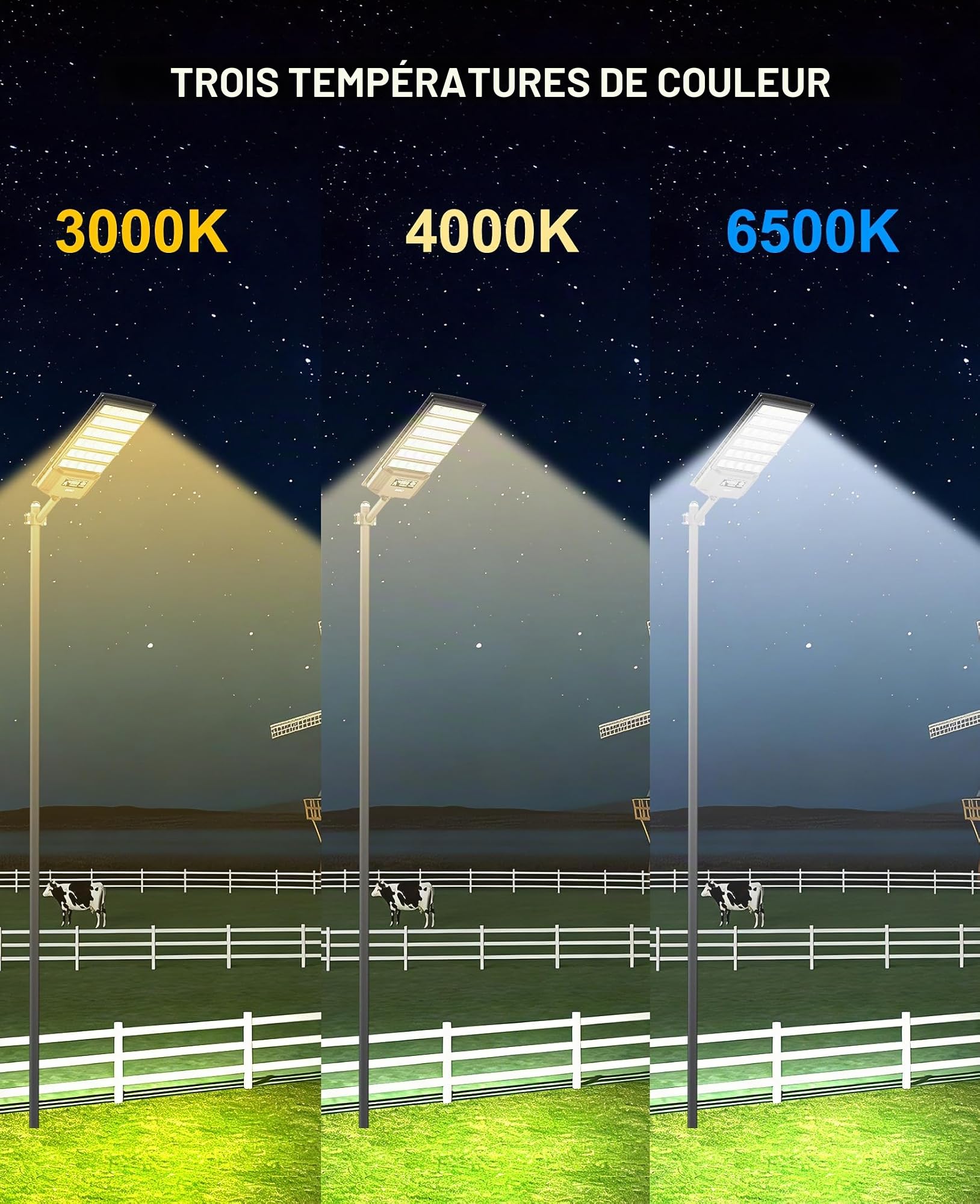 JAYNLT Lampadaire Solaire Exterieur, 6500K Lampe solaire Extérieure avec Télécommande, IP66 Étanche Projecteur avec Detecteur de Mouvement, Lumière Solaire pour Rue, Garage, Parking-2 Pack