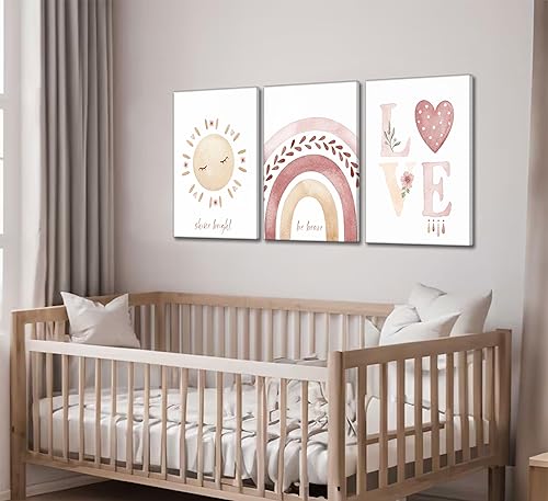 Miniatura 6 de 3 piezas de lienzo de pared para cuarto de bebé, diseño de corazones de arco iris, estampado bohemio, decoración de pared para habitación de niños