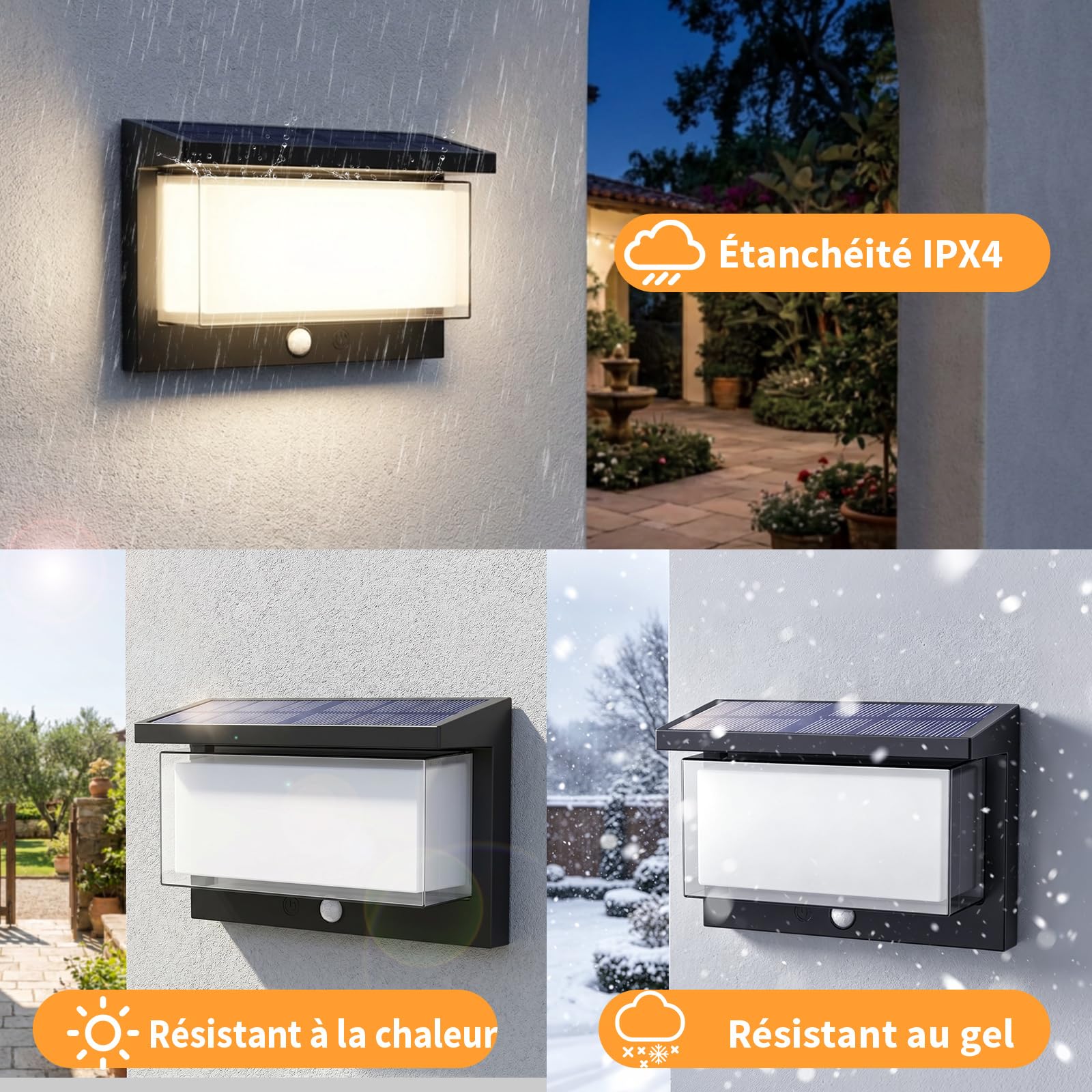 2 Pièces Applique Murale Exterieur Solaire,Lampe Solaire Extérieure avec Détecteur de Mouvement IP65 3000K blanc chaud Allumage/Extinction Auto, Étanche pour Jardin,Terrasse, Couloir et Allées