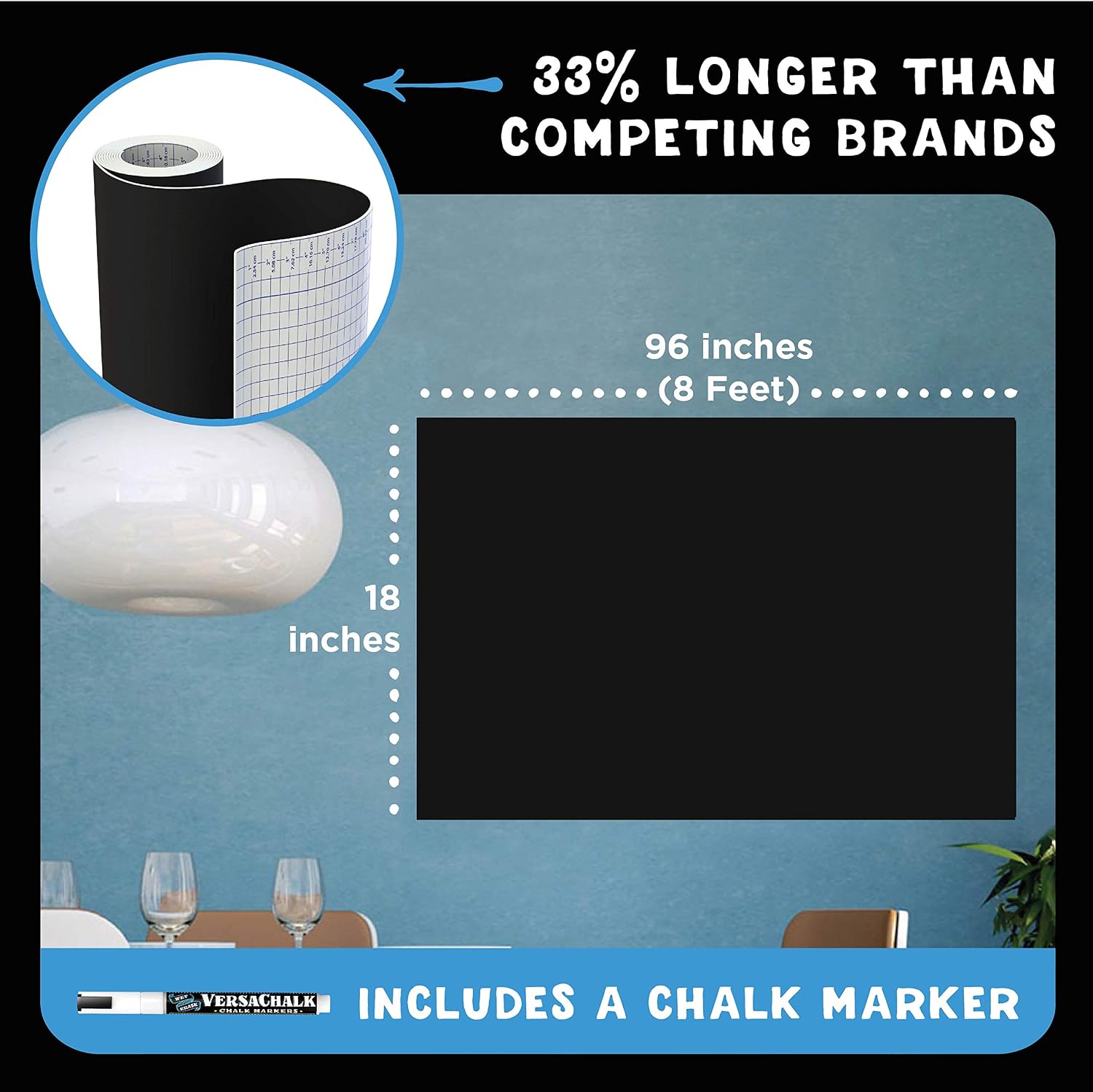 Large Chalk Board Sticker for Wall 8 Feet by VersaChalk (18 x 96" with Chalk Pen) Self Adhesive Removable Contact Paper Roll for Kids, Home, and Office