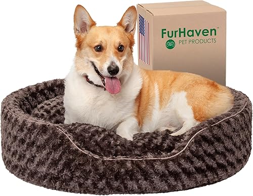 Furhaven Pet Cama redonda antiansiedad con soporte para perros y gatos. Varios estilos, tamaños y colores.