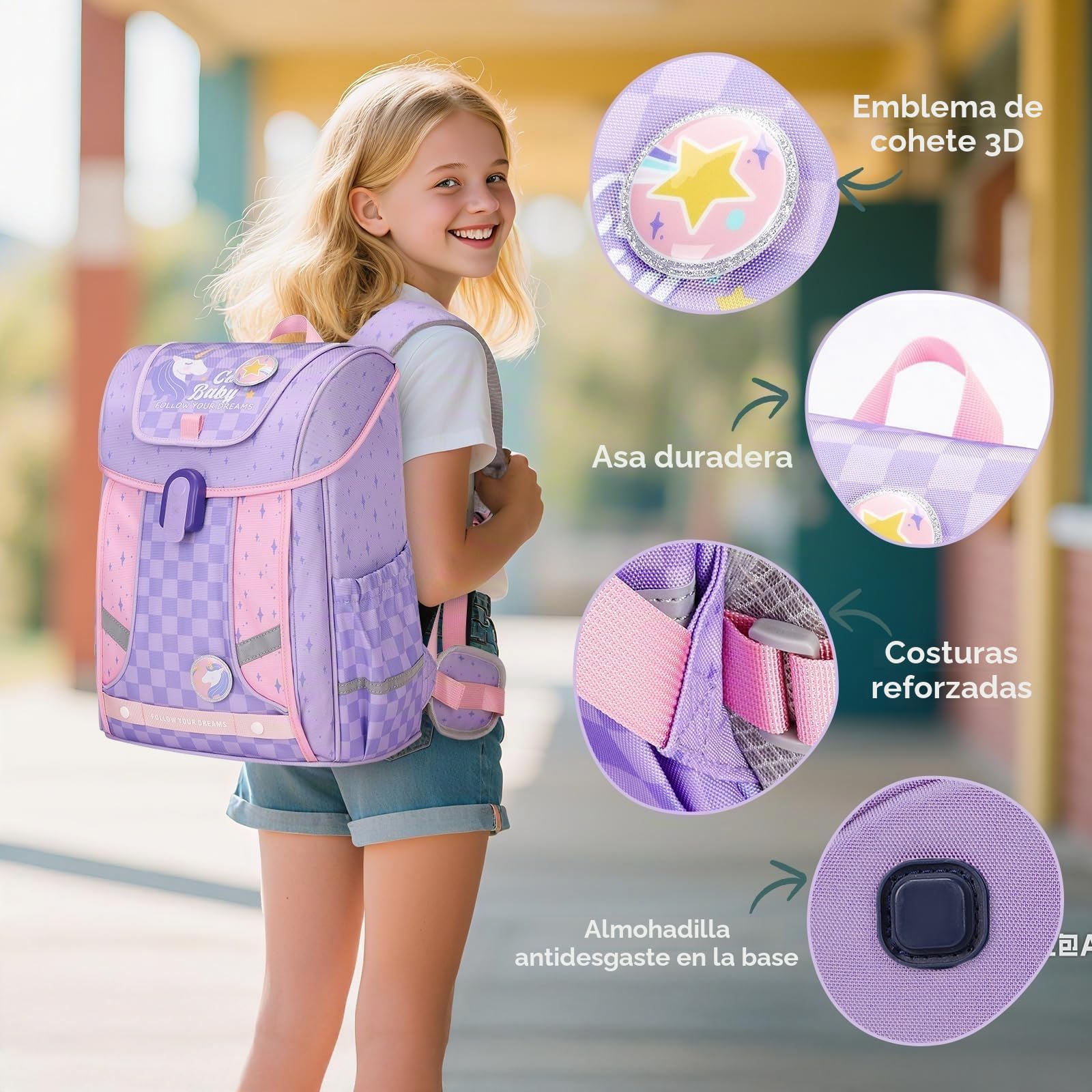 Amythe Mochila Ergonómica Niña 1°-5° Primaria Correa Pecho | Mochila Escolar Niños 6-10 Años Cinturón Desmontable Reflectante 24L Morado