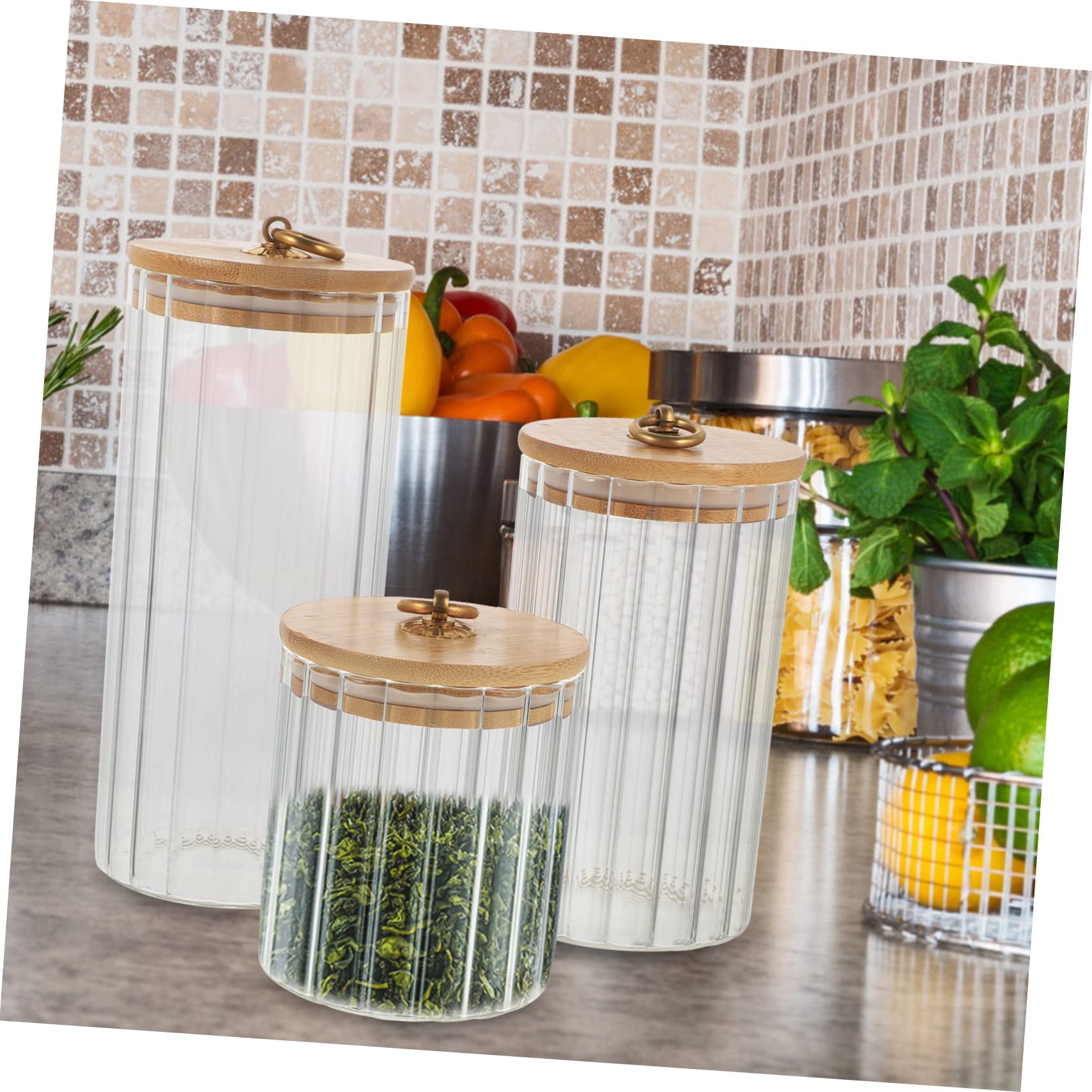 PRETYZOOM Set 3 Contenitori con Coperchio per Alimenti in Vetro Trasparente con Coperchi in Bambù Ermetici per Cucina, Capacità 550ml, 850ml e 1150ml, per Conservare Tè e Spezie