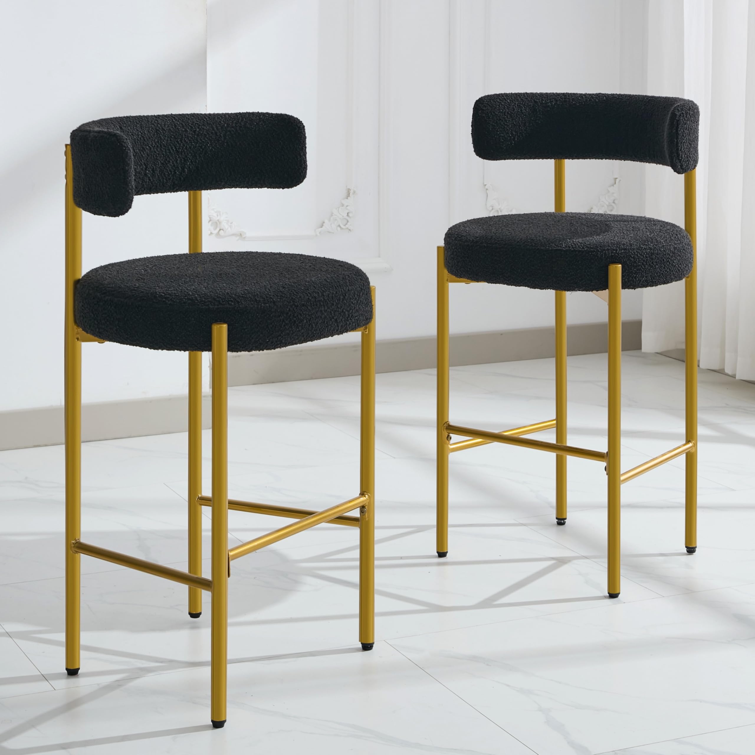 28'' Boucle Bar Stools Set of 2, Black Bar Stools with Backs, Bar Height Stools for Kitchen Island/Kitchen Counter, Upholstered Bar Chairs with Gold Metal Legs