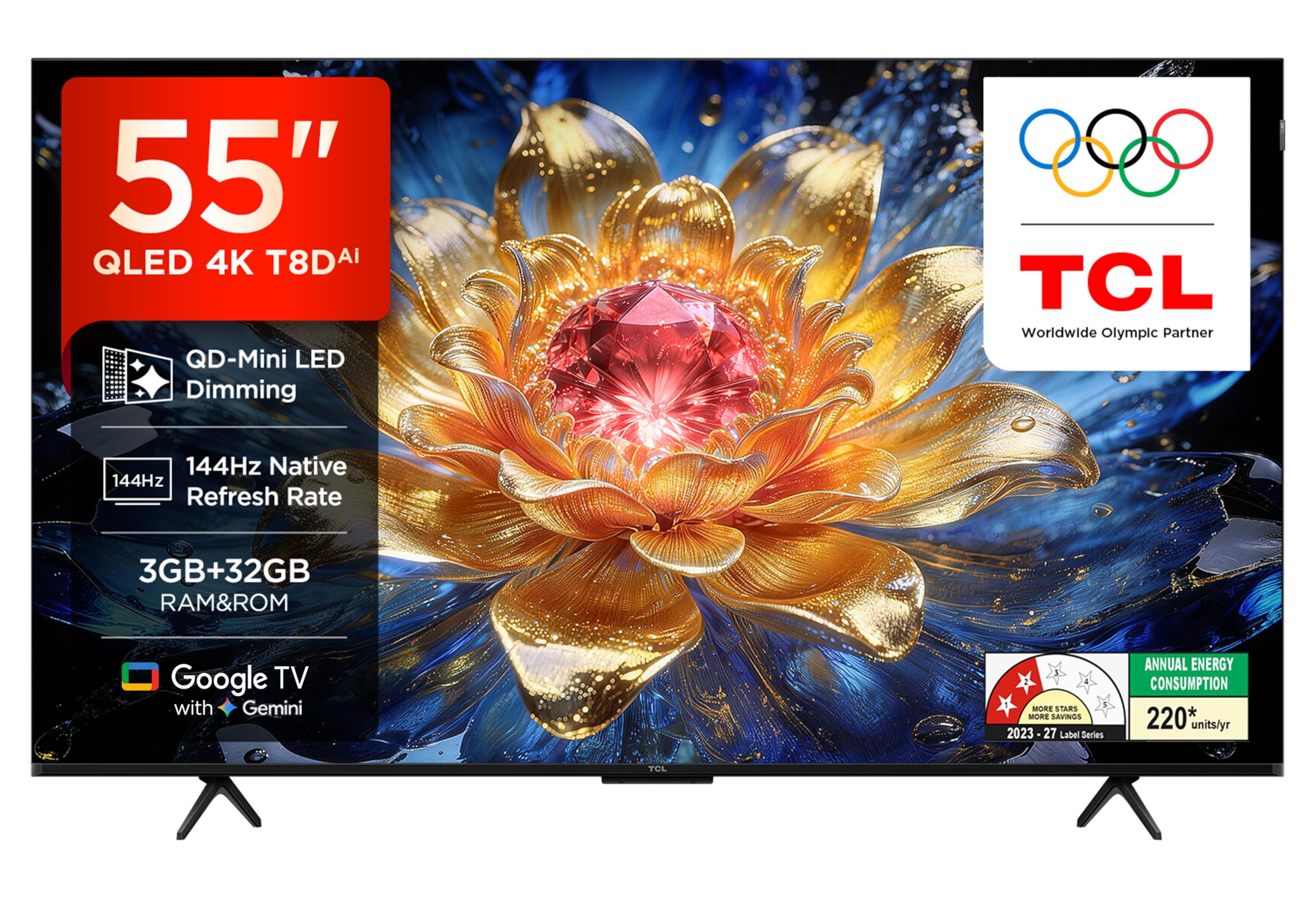 TCL 139 cm (55 Inches) Smartchoice 4K UHD Smart QLED Google TV | QD-Mini LED Dimming | 144Hz Refresh Rate | 3GB RAM | 55T8D — image 1 of 7