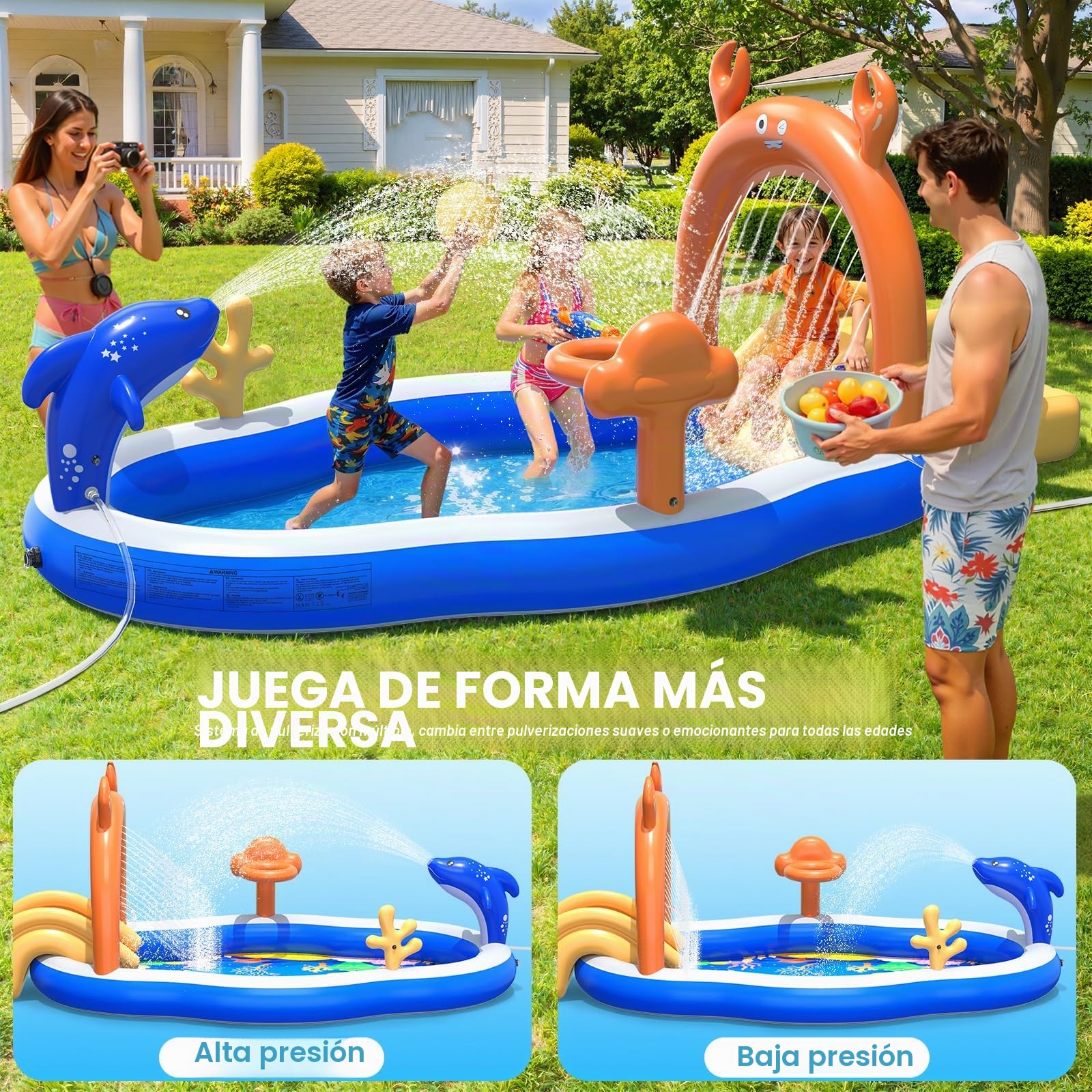 KingSom Piscina Infantil Hinchable, Juegos Hinchable Piscina para Niños con Tobogán, Rociador, Piscina Hinchable para Niños, Juegos de Aguas Exterior, Piscina Hinchable Familiar Jardín, 305x178x127 cm