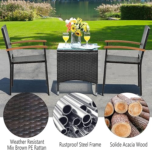 Miniatura 7 de Juego de 4 sillas de mimbre de polietileno, sillas de mimbre para patio con respaldo alto para todo tipo de clima, con reposabrazos con tapa de