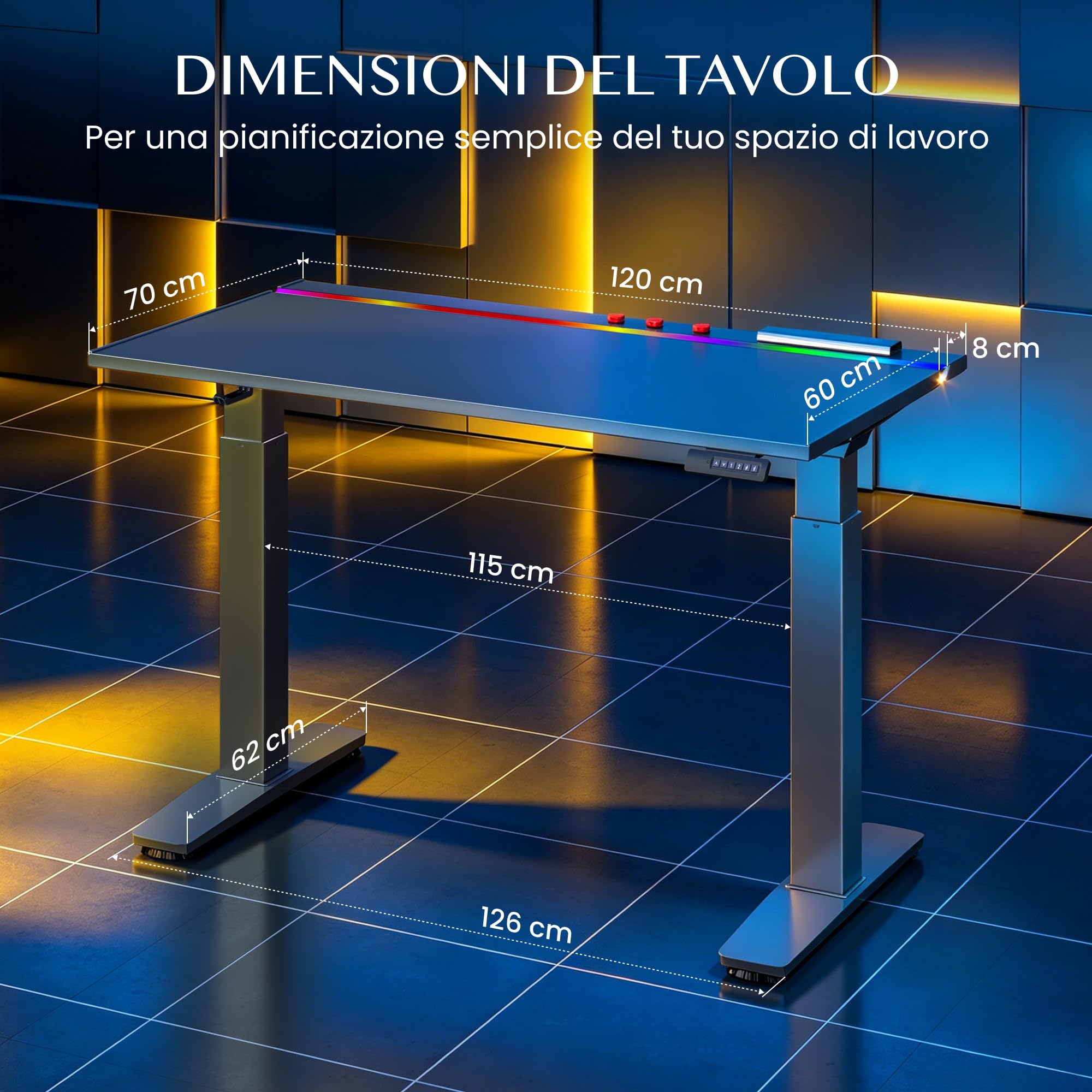 FLEXISPOT Scrivania Gaming Regolabile in Altezza 120x70 cm, Doppio Motore, Illuminazione LED, Gestione Cavi, Portata 120 kg, Piano a 5 Strati, Nero