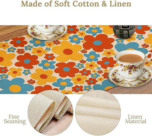 Miniatura 264 de Camino de mesa ondulado de los años 70, retro, hippie abstracto, vintage, verde, rosa, con estampado de ondas para el hogar, cocina, comedor, patio,