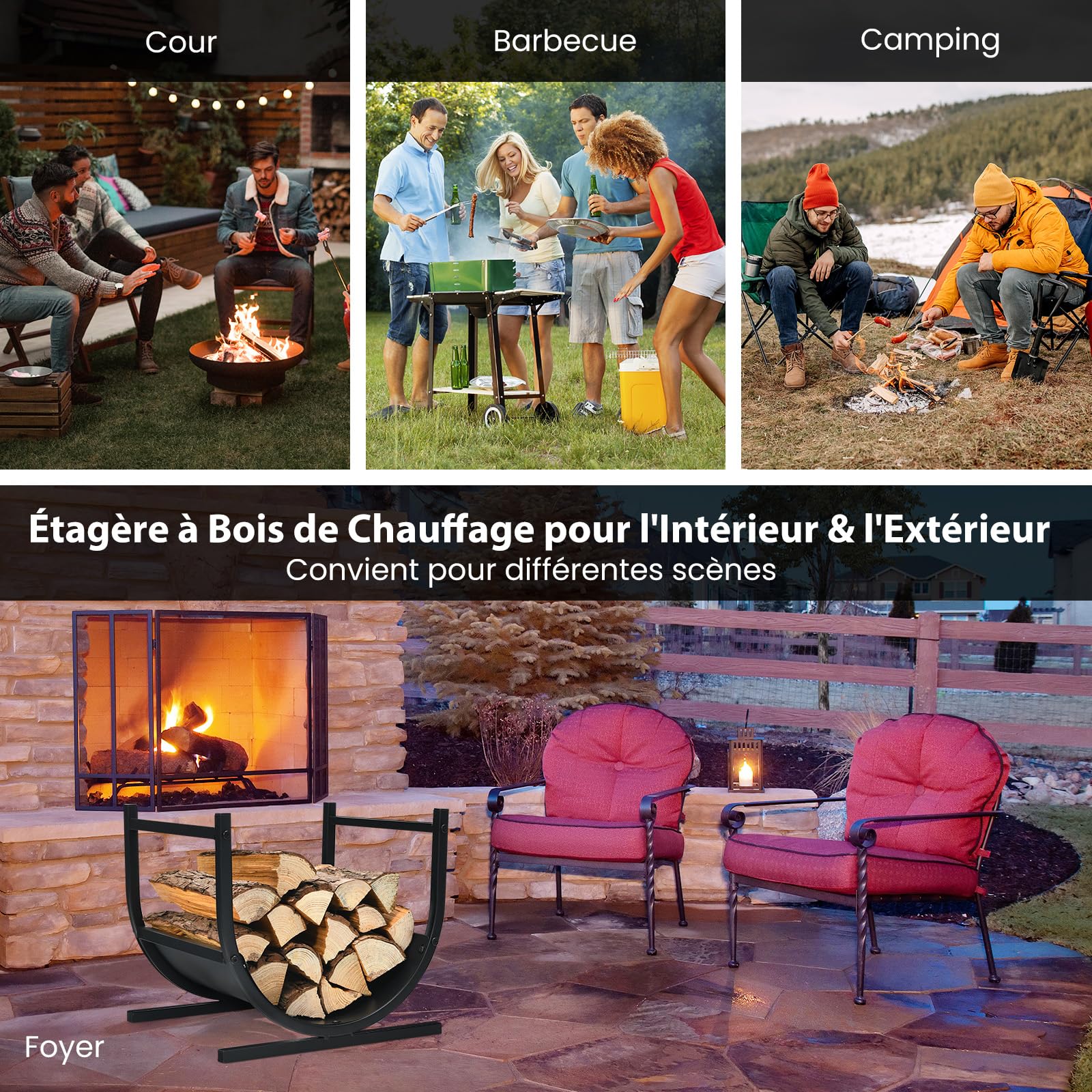 GYMAX Range-bûches Intérieur avec Poignées, Porte-bûches en Métal, Support pour Bois de Chauffage en Forme U, Charge 30 kg, pour Extérieur, 43x36,5x39,5CM