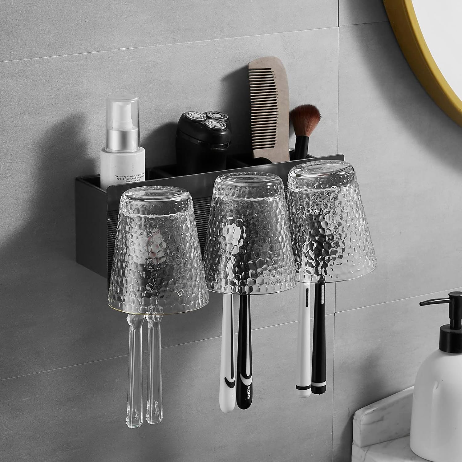 Toothbrush Holder Wall Mounted, Self Adhesive Tooth Brush Holder, Bathroom Organizer for Toothbrush/Toothpaste/Cups, Matte Black, 3 Slots