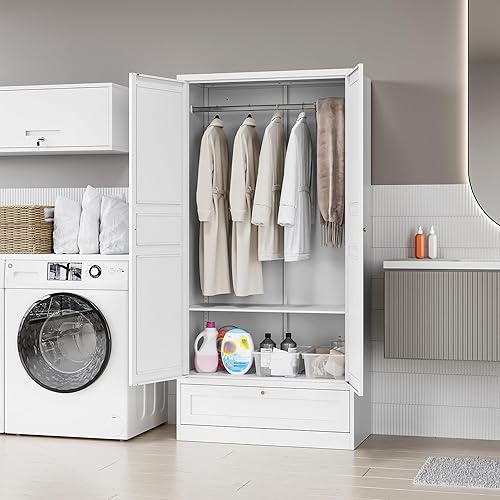 Miniatura 31 de MIIIKO Armario de almacenamiento de ropa de metal, armarios de acero con estantes y barra para colgar, armario de almacenamiento grande de 72 Blanco