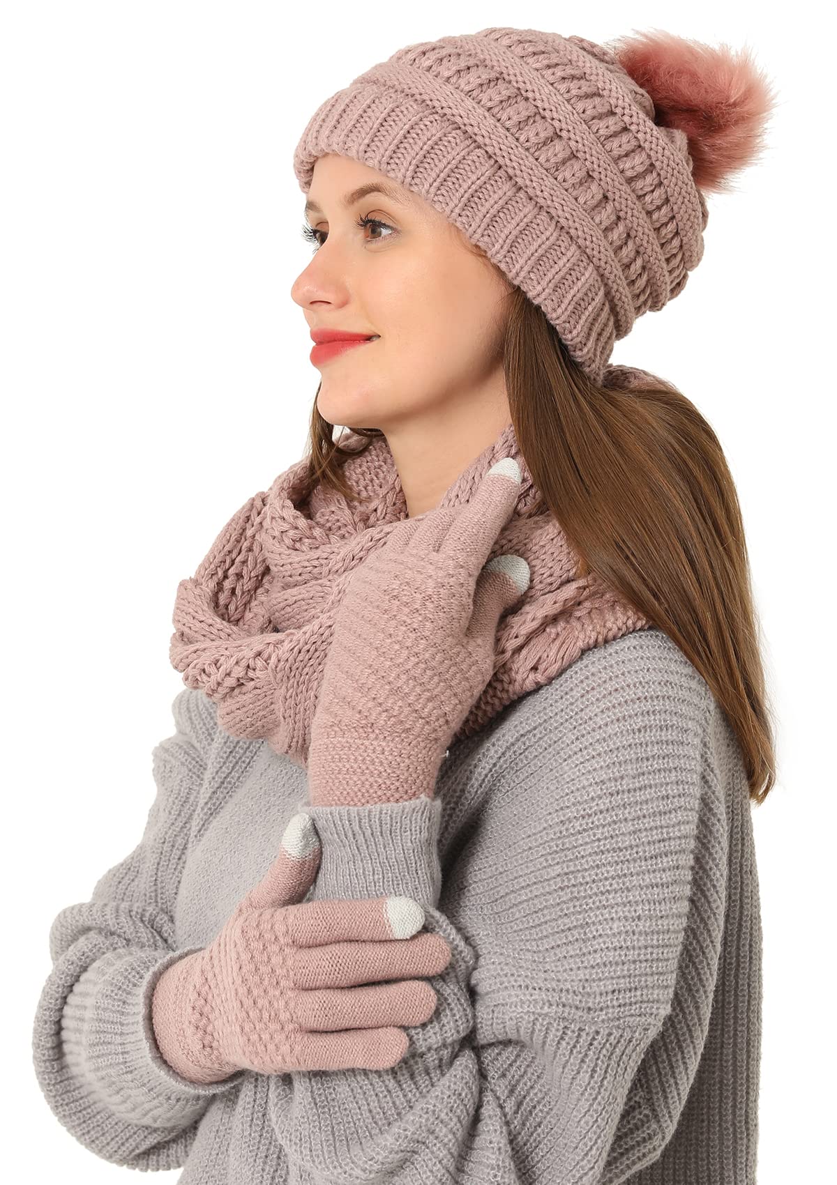 Double Couple 3pcs Winter Beanie Hat Scarf and Touch Screen Gloves Set for Women Knit Hat with Faux