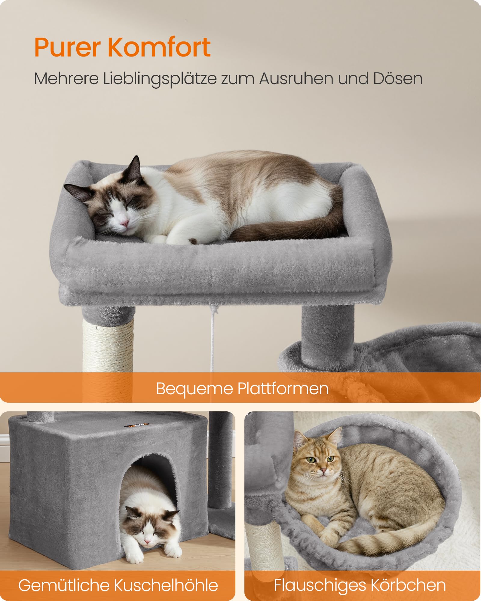 Feandrea Kratzbaum, Katzenbaum mit Kratzsäulen, Rampe, Katzenkratzbaum, 2 große Plattformen, Höhle und Korb, 85,8 cm hoch, Taubengrau PCT013GD01