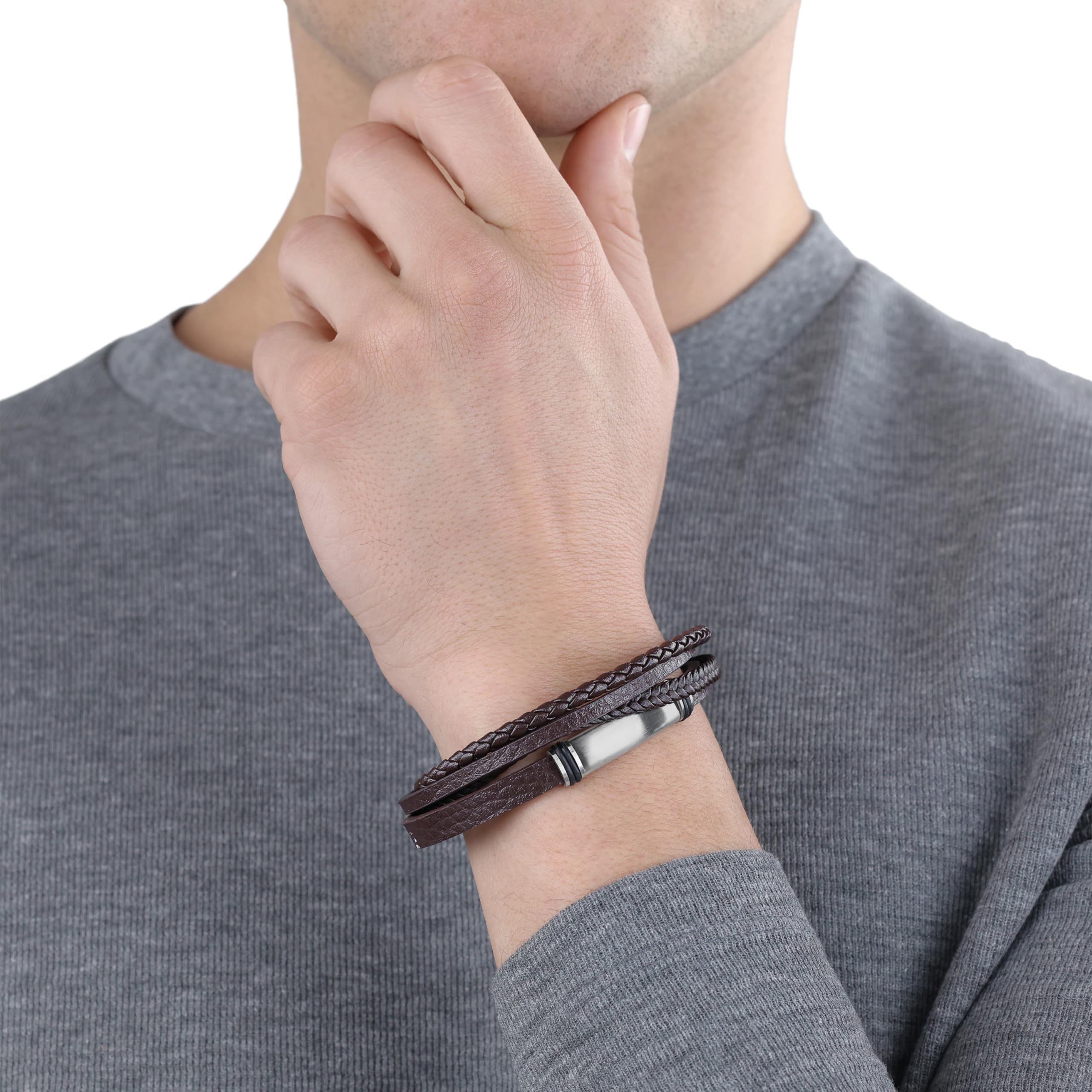 s.Oliver Armband für Herren, Gravierbar, Leder / Edelstahl, Braun, Länge: 20-21,5 cm – Ansicht 2