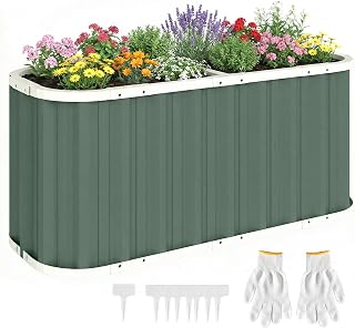 Outsunny Upphöjd bädd i metall, 136 x 53 x 61 cm, djup trädgårdsbädd med skyddskanter, växtetiketter, handskar, örtbädd med öppen mark, enkel montering, planteringskruka för trädgård, balkong