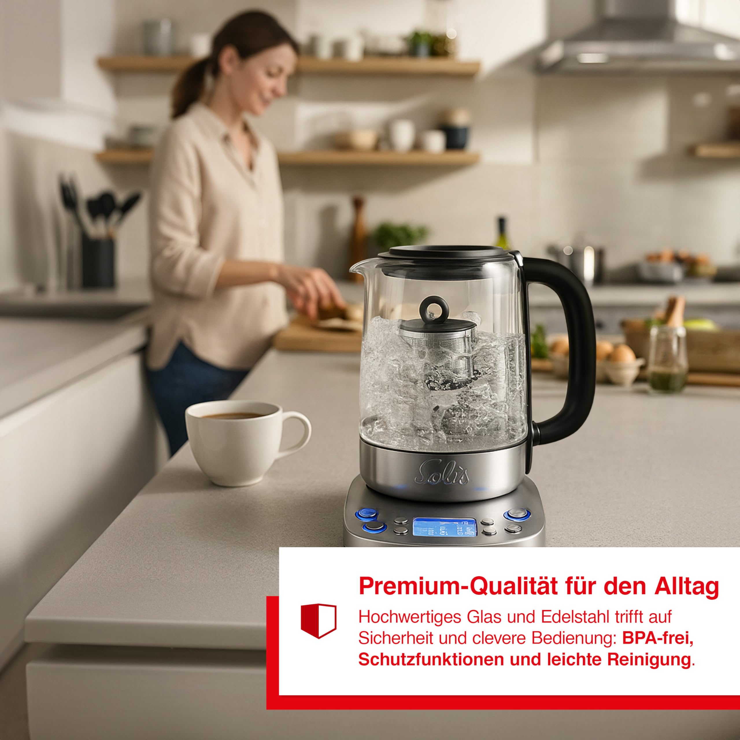 Solis Tea Kettle Automatic 5518 - Wasserkocher mit Temperatureinstellung - Teekocher - Timerfunktion - Integriertes Teesieb - 1,7 Liter Kanne
